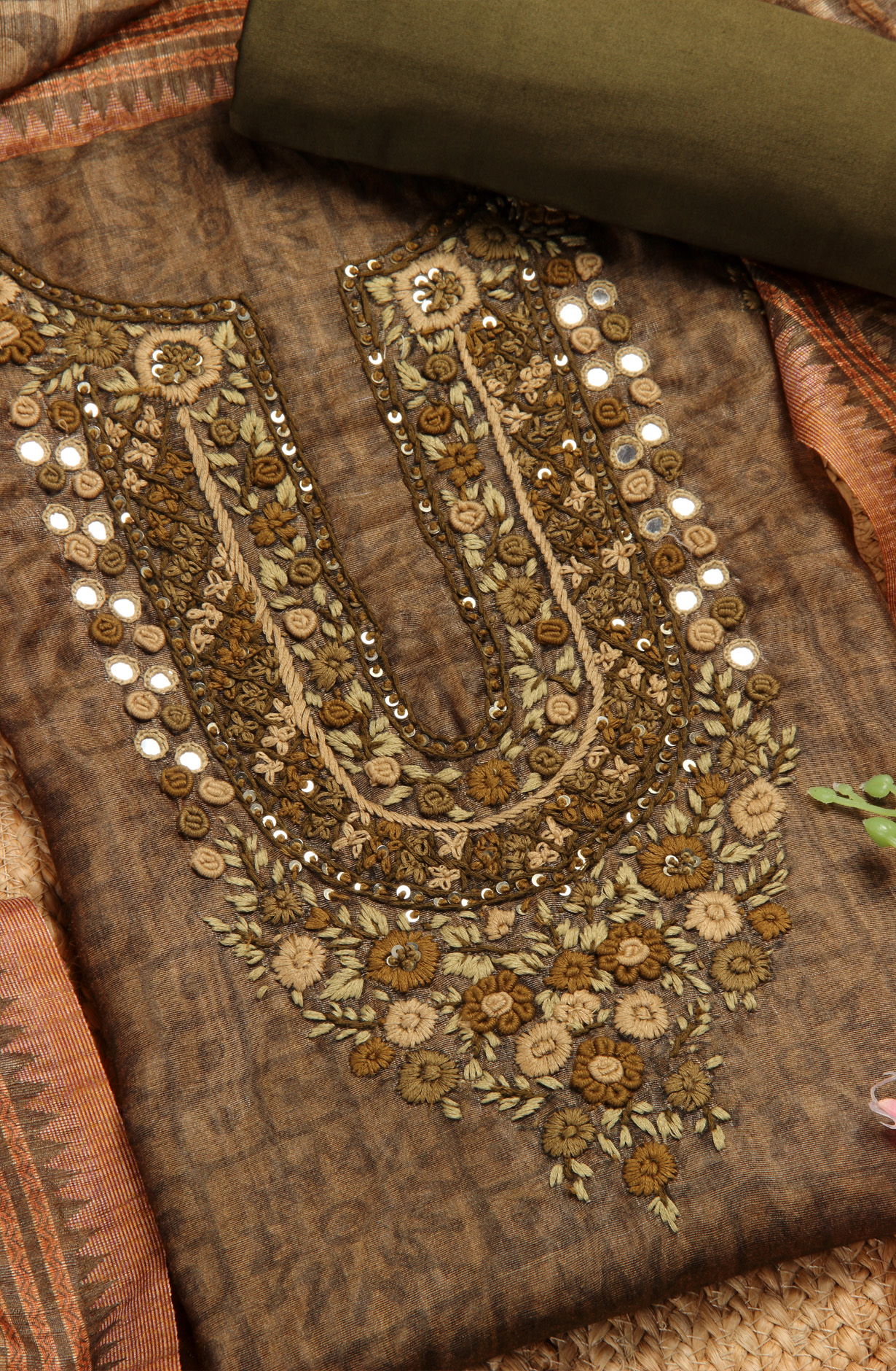 Mehndi Green Chanderi Kantha Work Unstitched Salwar Kameez with Dupatta - 767-GI70