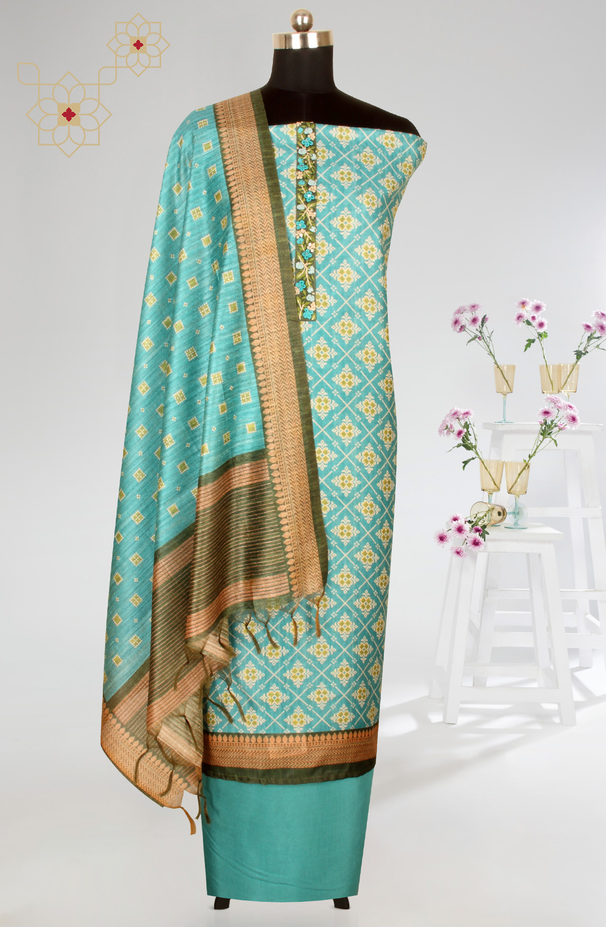 Firozi Beautiful Chanderi Silk Salwar Kameez with Dupatta - 767-GI75-2C