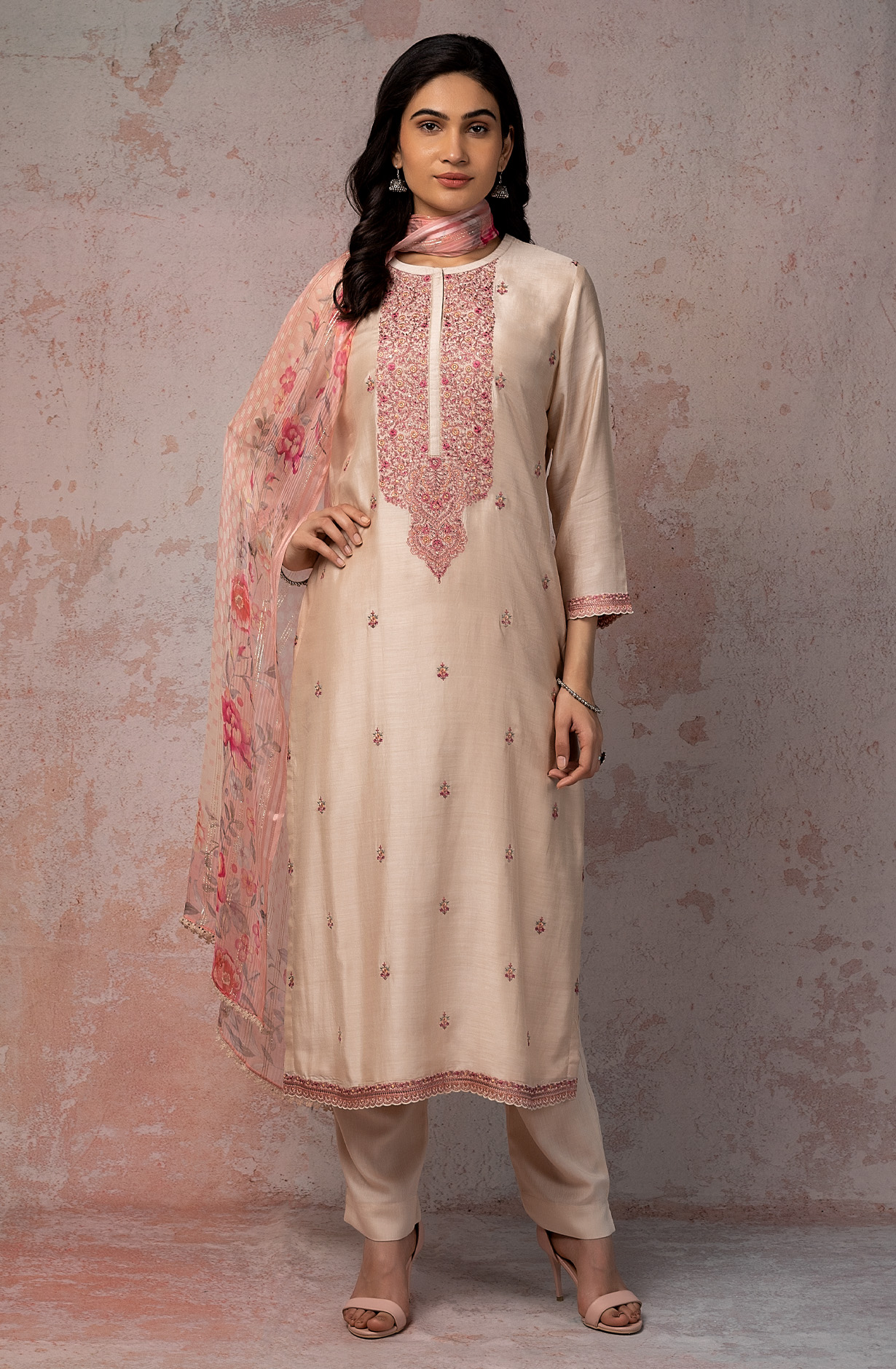 Beige Beautiful Muslin Salwar Suit with Chiffon Dupatta - NIS1891A