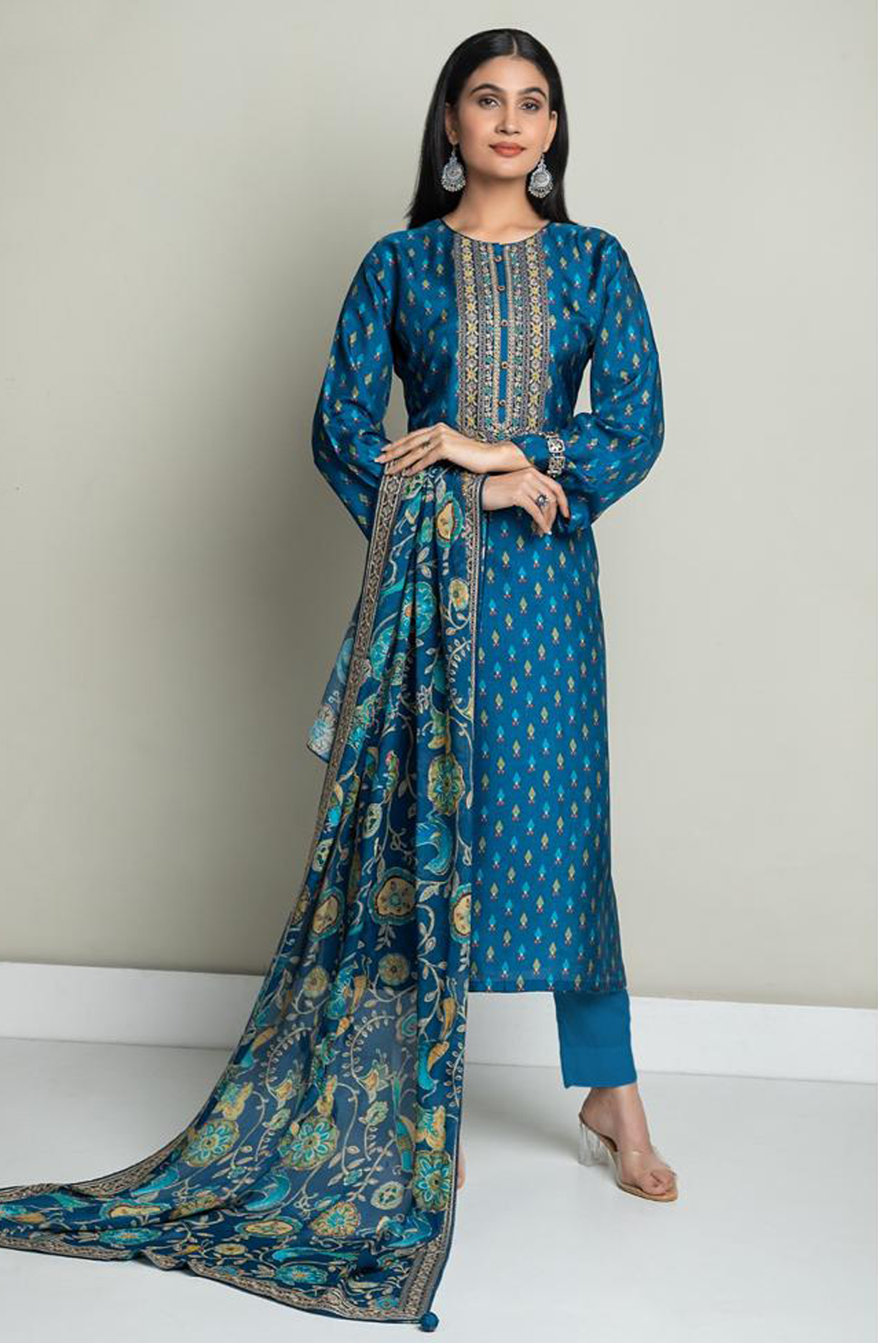 Designer Russian Silk Teal Unstitched Suit with Chinon Dupatta - R157-SPR1624