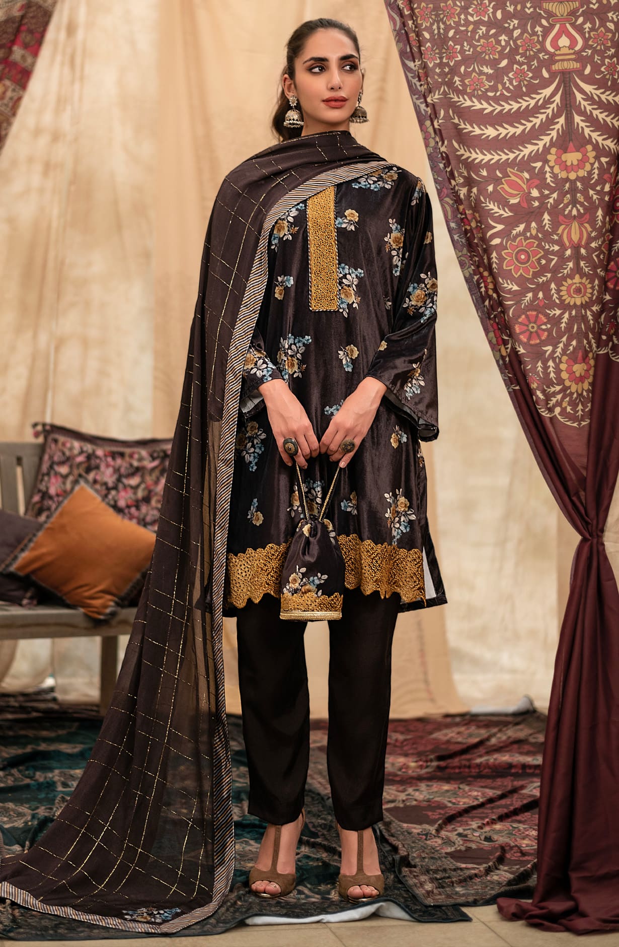 Coffee Multicolor Exclusive Velvet Unstitched Suit-sets - NAU1616A