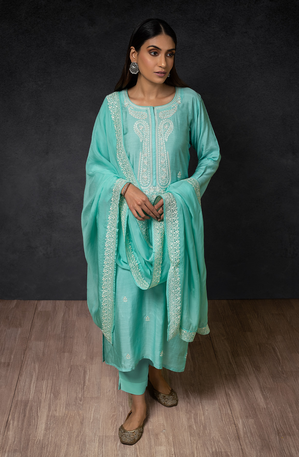 Firozi Muslin Exclusive Embroidered Suit with Organza Dupatta - R157-SPR1394A