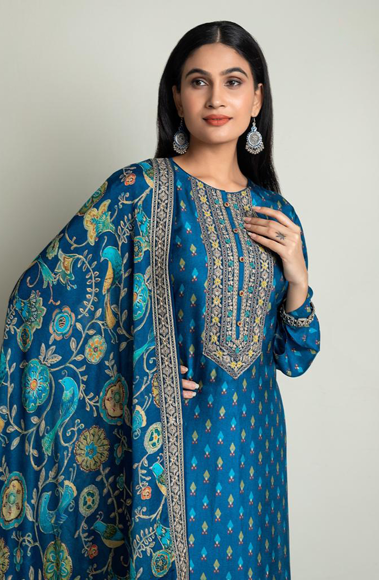 Designer Russian Silk Teal Unstitched Suit with Chinon Dupatta - R157-SPR1624