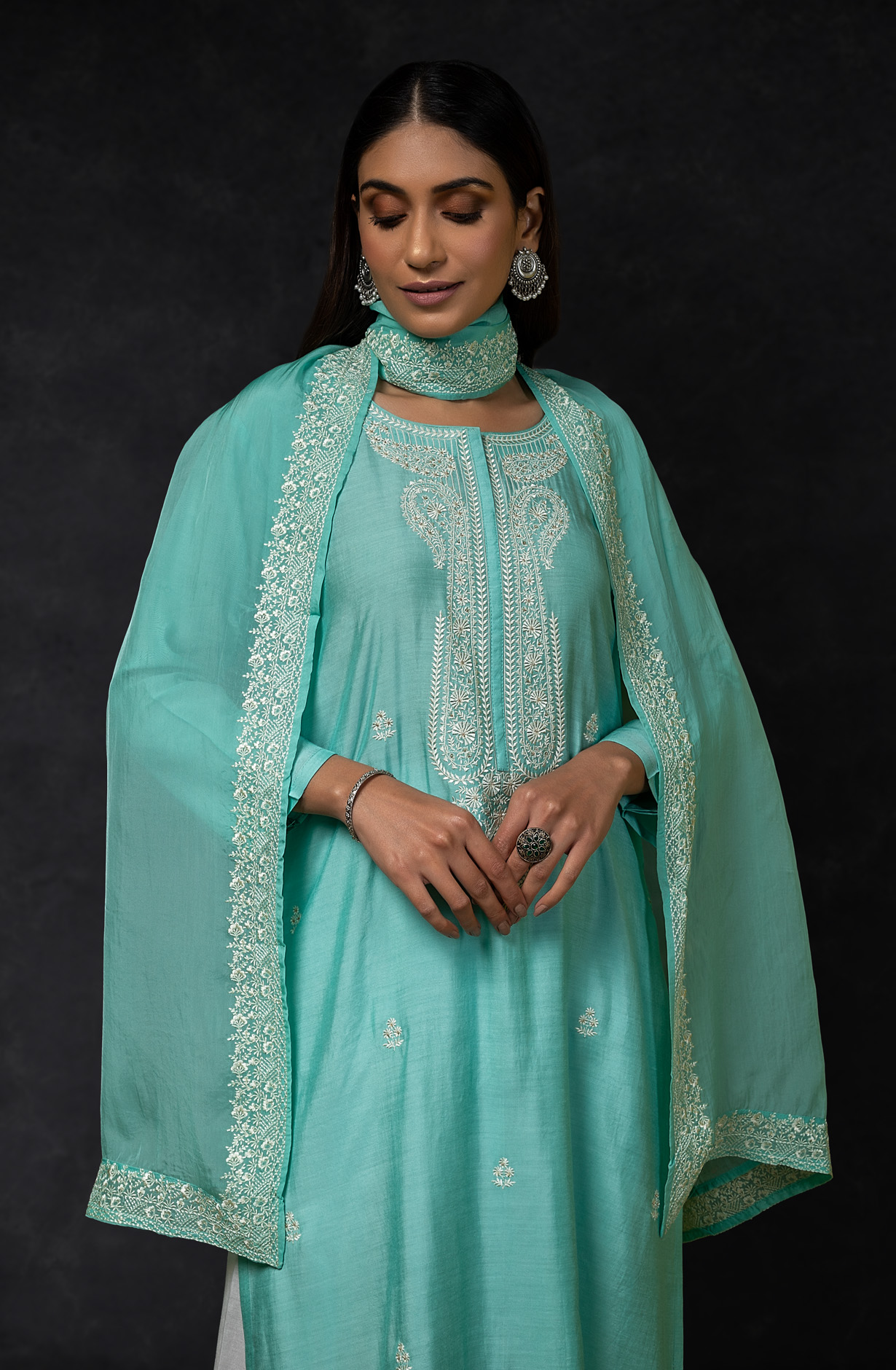 Firozi Muslin Exclusive Embroidered Suit with Organza Dupatta - R157-SPR1394A