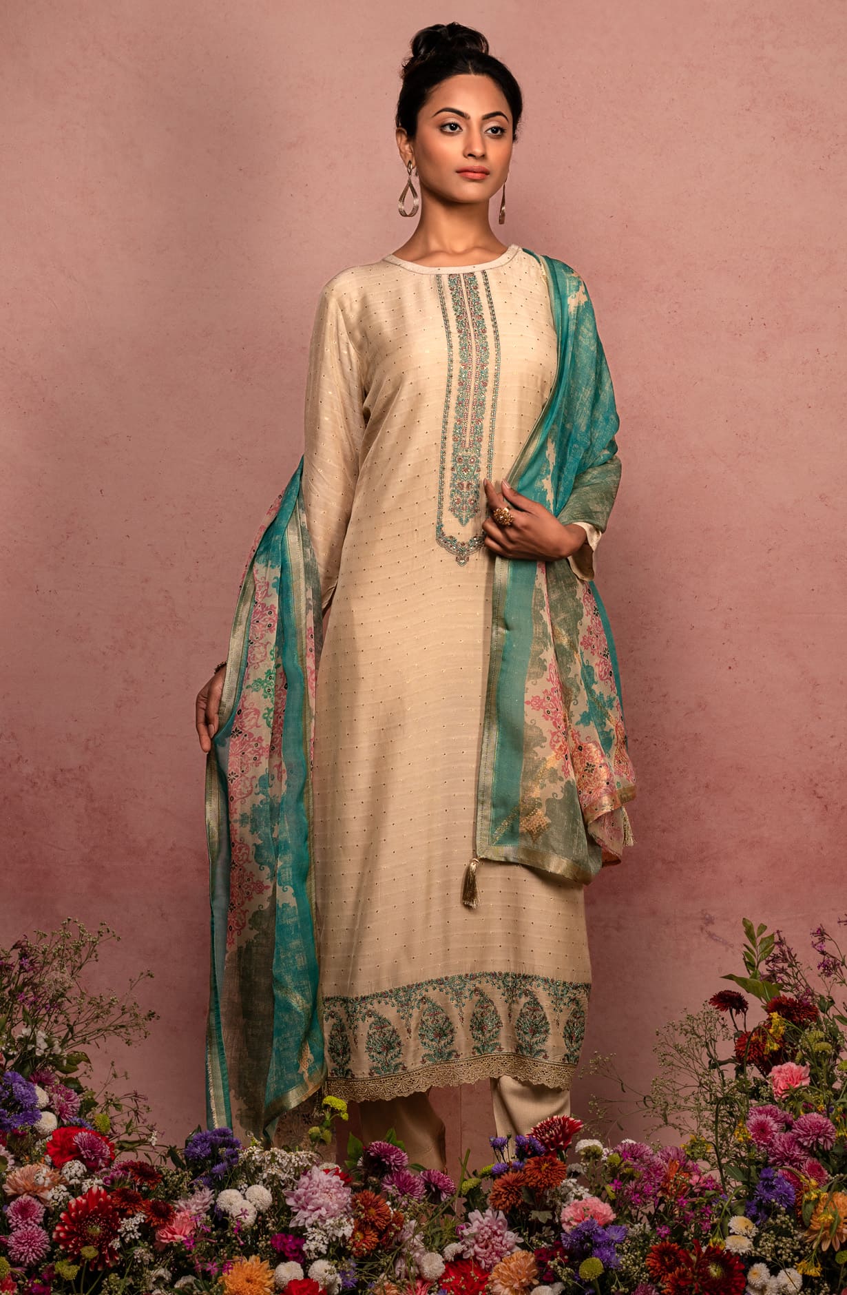 Beige Muslin Designer Zari Dobby Work with Embroidery Salwar Kameez - ARU1728