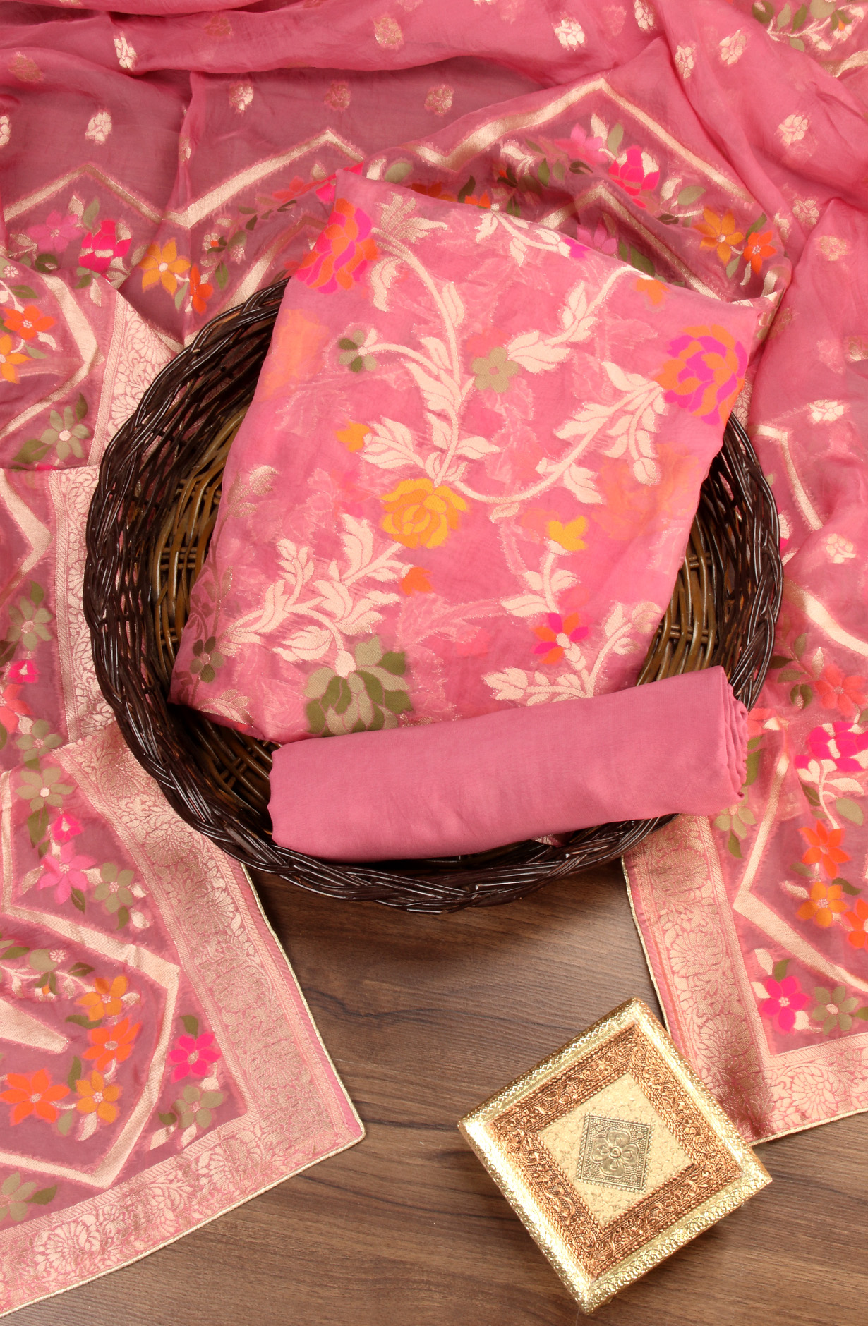 Mauve Beautiful Organza Salwar Kameez with Banarasi Dupatta - 797-0-EMB-C