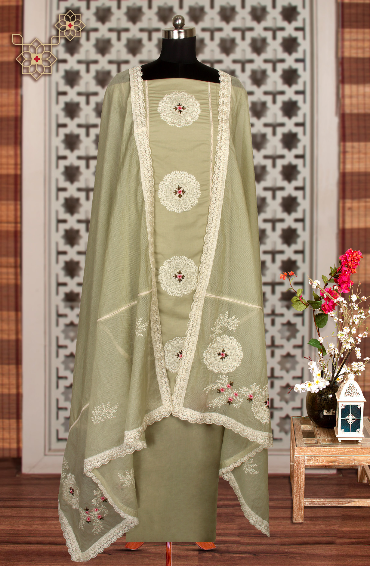 Green Cotton Exclusive Beautiful Embroidered Salwar Kameez - 797-CMR594
