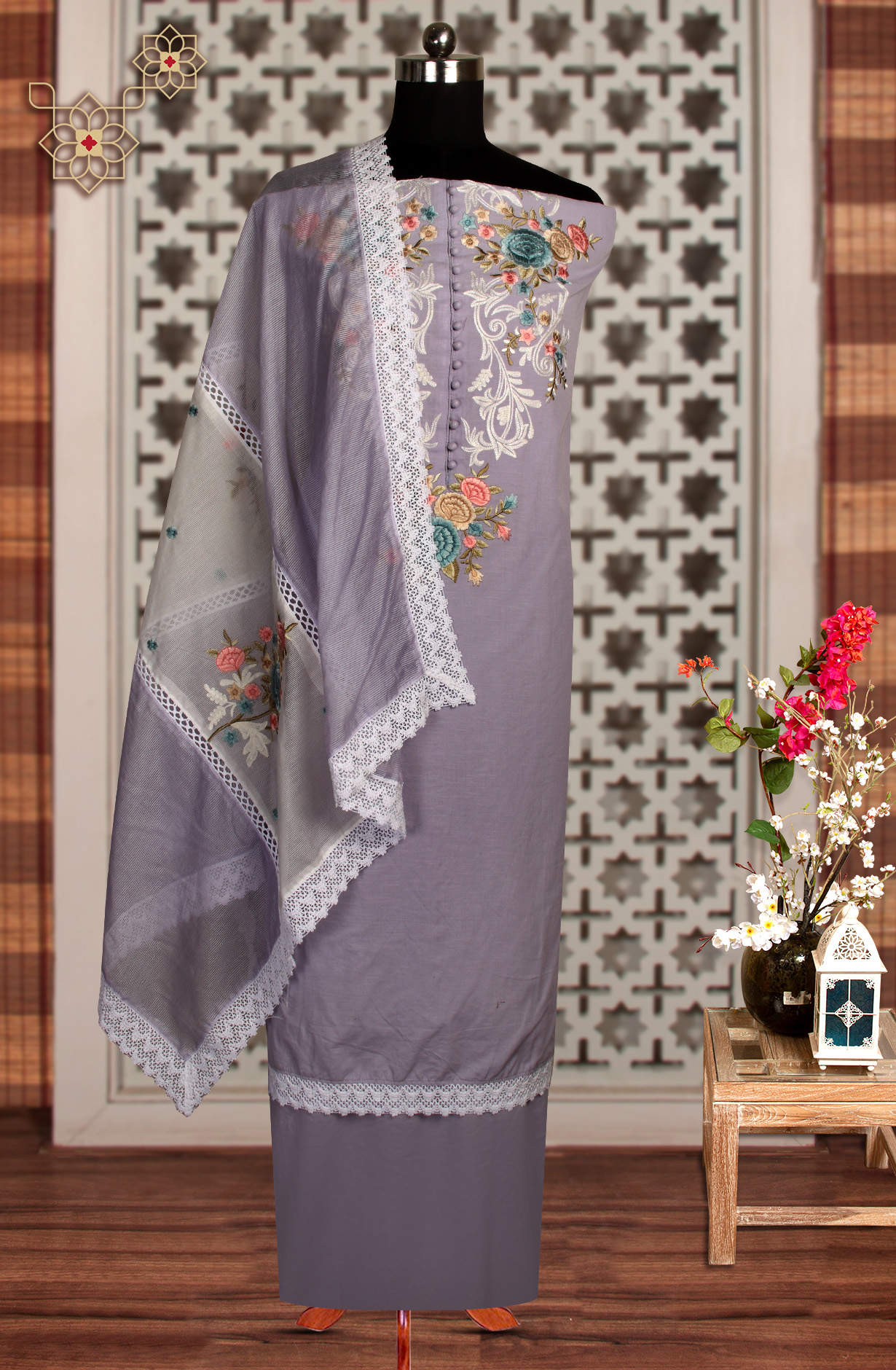 Lavender Cotton Beautiful Embroidery Suit with Kota Dupatta - 797-KSRVL-F