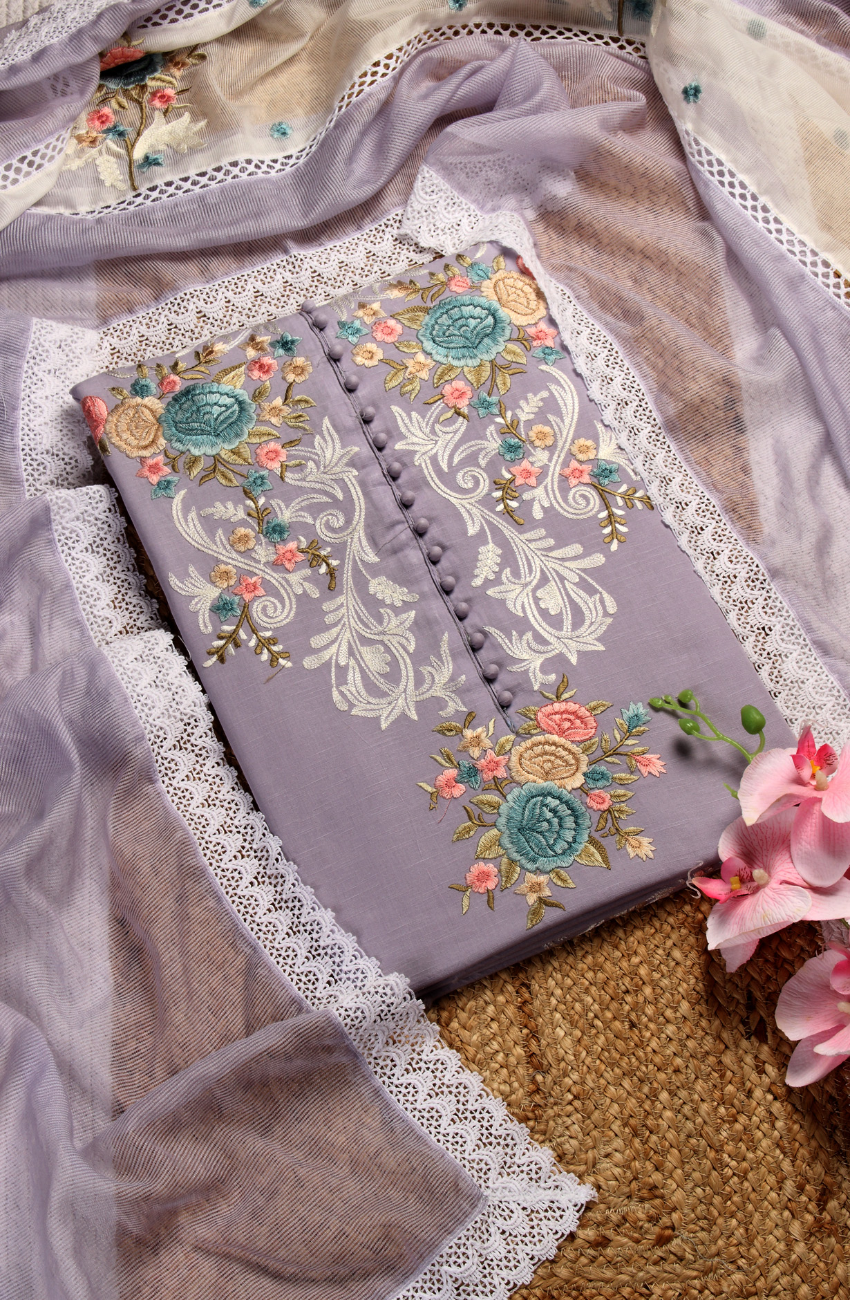 Lavender Cotton Beautiful Embroidery Suit with Kota Dupatta - 797-KSRVL-F
