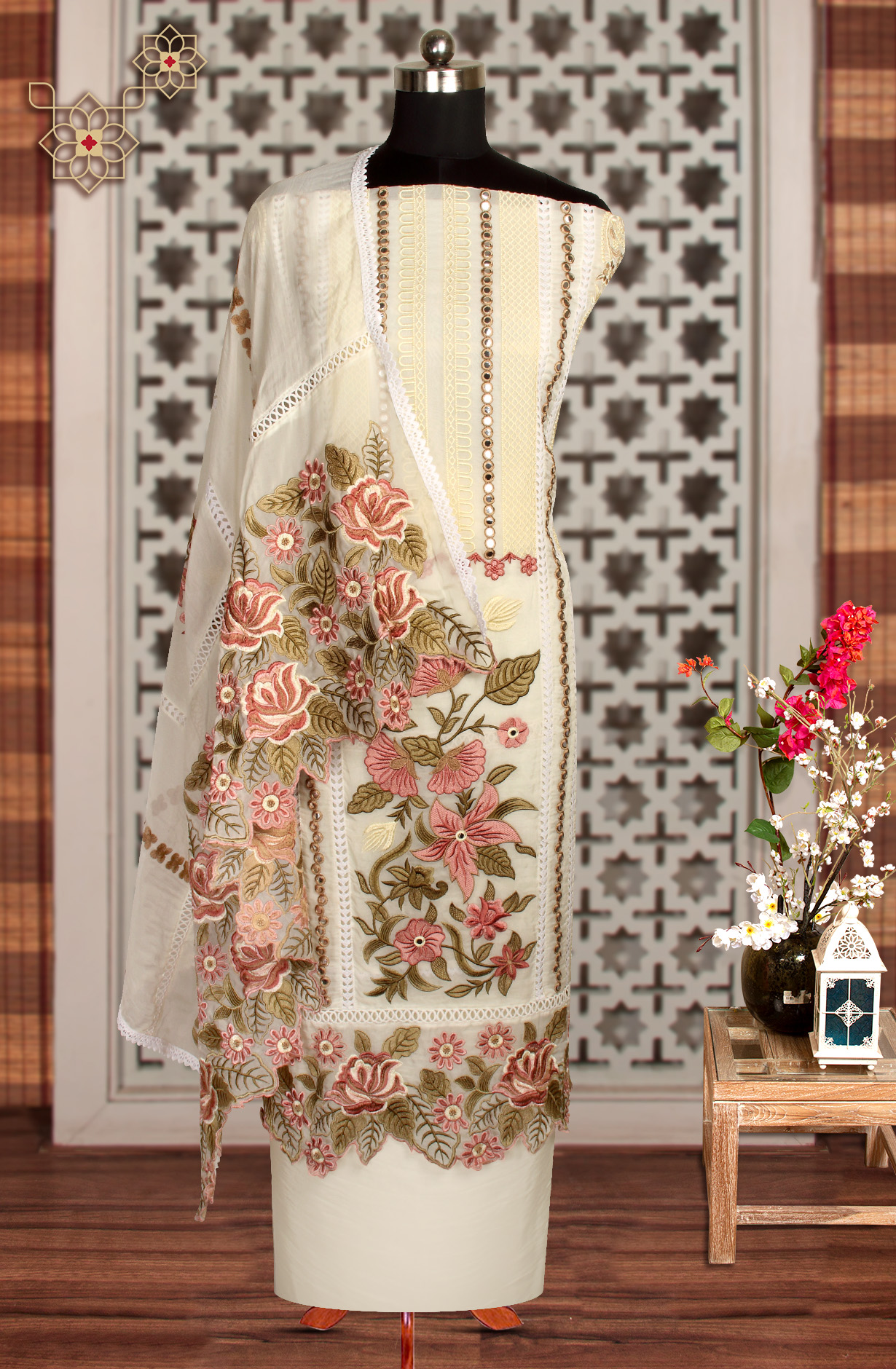 Cream Organza Designer Partywear Embroidered Salwar Kameez - 797-WER8B