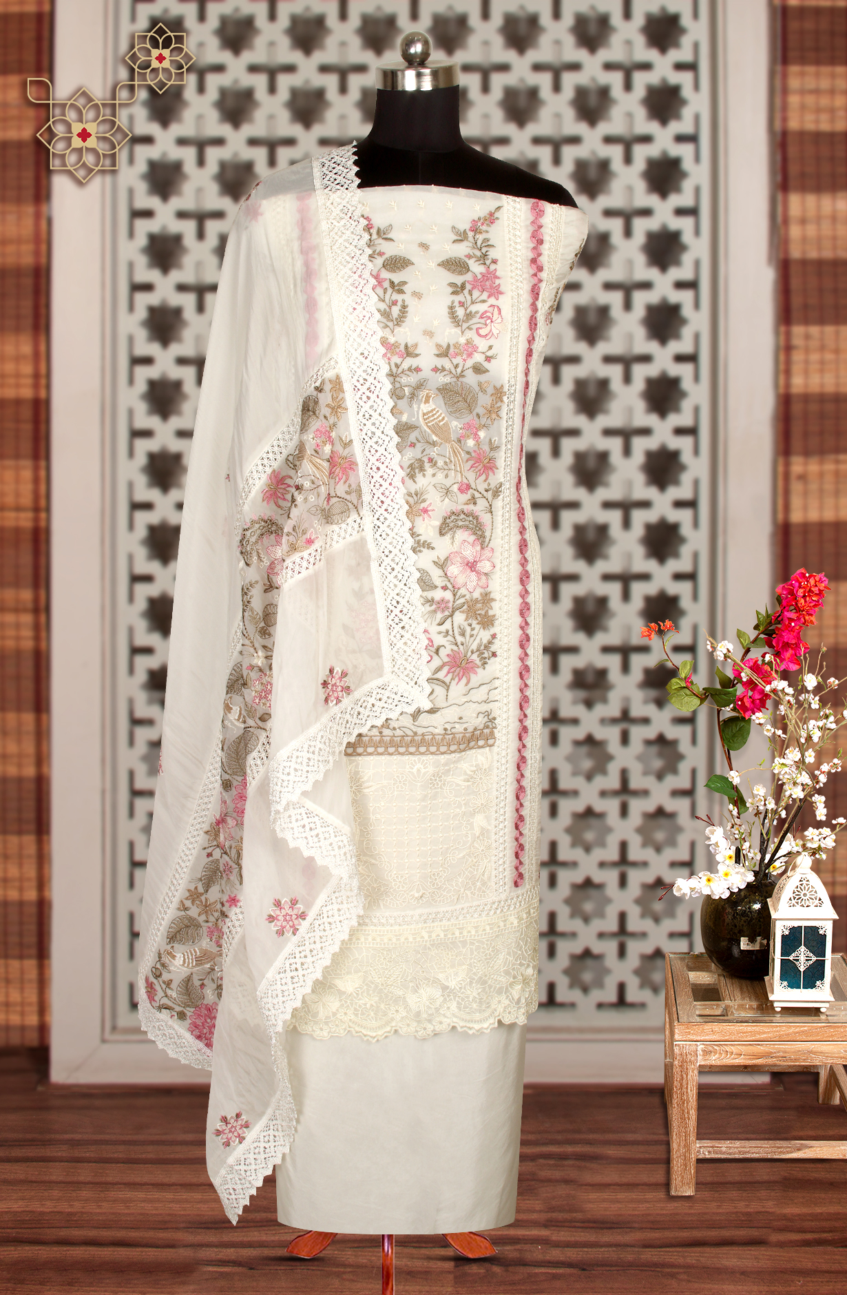 Cream Organza Designer Partywear Embroidered Salwar Kameez - 797-WER9