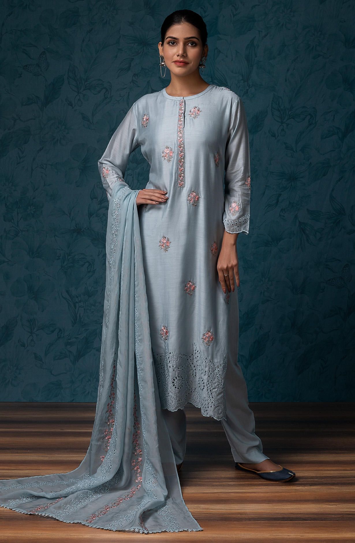 Pastel Blue Beautiful Muslin Embroidered Salwar Kameez with Organza Dupatta - GAR1870B