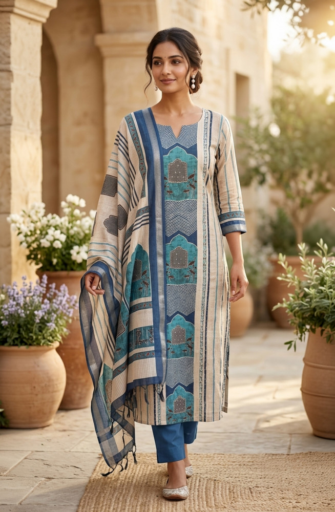 Image of Blue Chanderi Unstitched Suit Set with Dupatta - 131-KE4157A