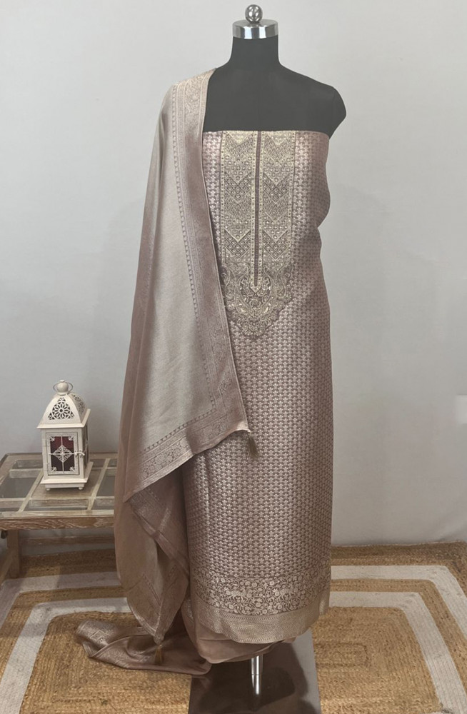 Image of Mauve Brocade Suit Set with Silk Dupatta - USPSLK1301-7A