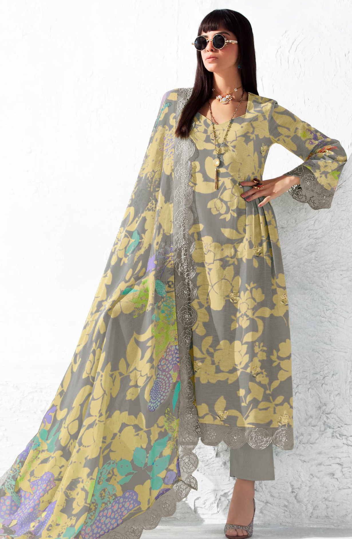 Grey Pure Muslin Suit set with Dupatta- ICO9765