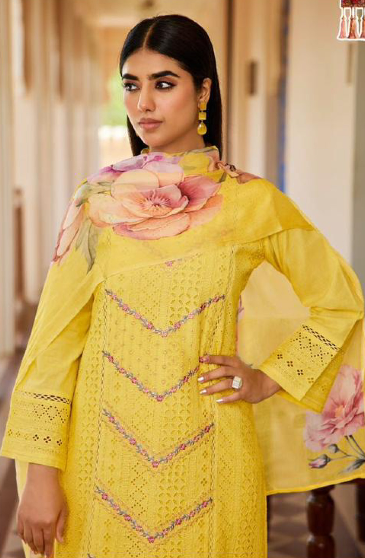 Yellow Pure Cambric Cotton Suit Set with Dupatta- SHA15899