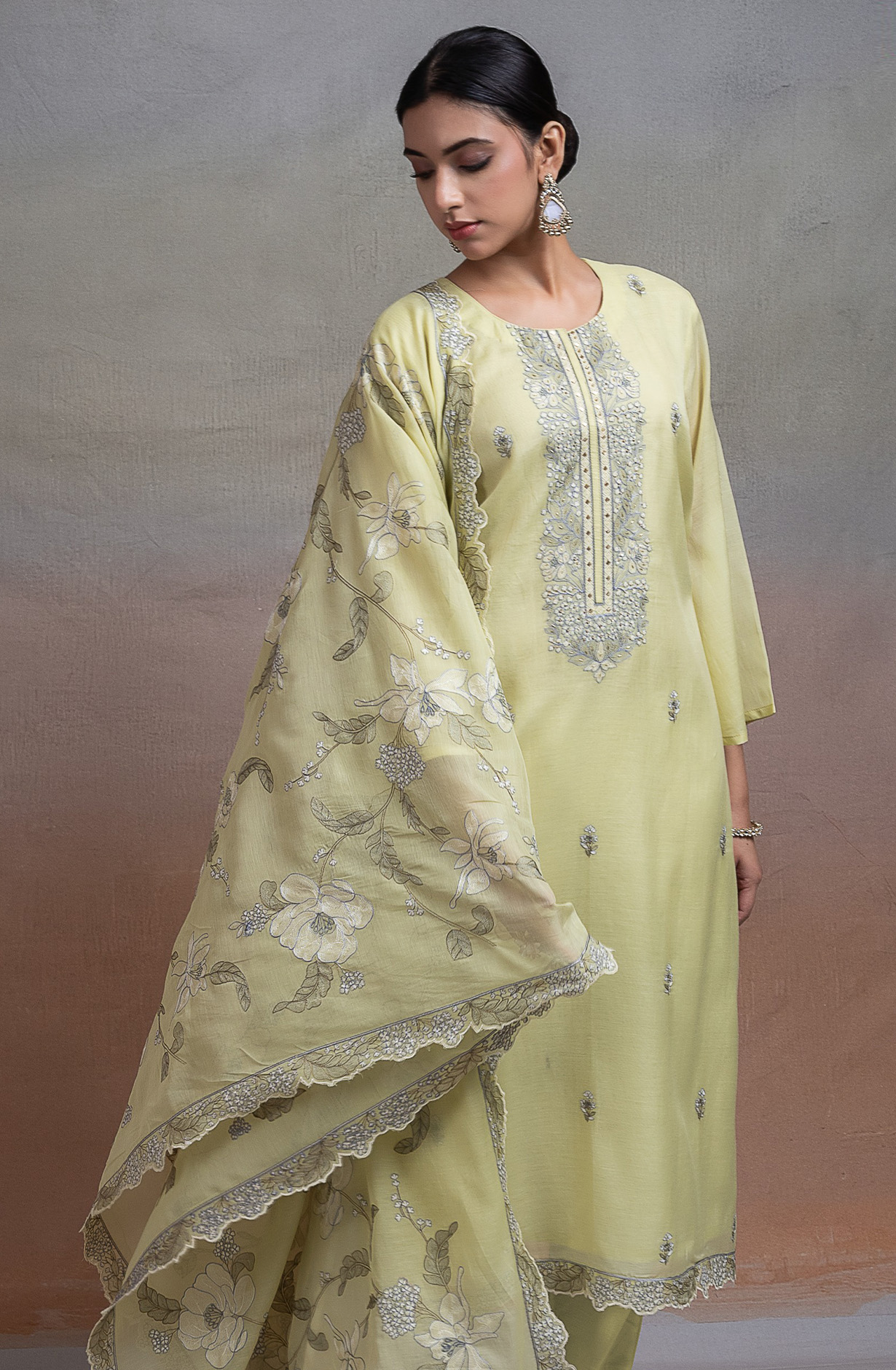 Lemon Pure mul chanderi beautiful Suit Set with Dupatta - R157-SPR2647