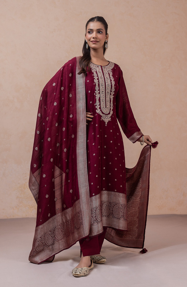 Image of Wine Silk jacquard Unstitched Suit Set with Dupatta - R157-SPR2802