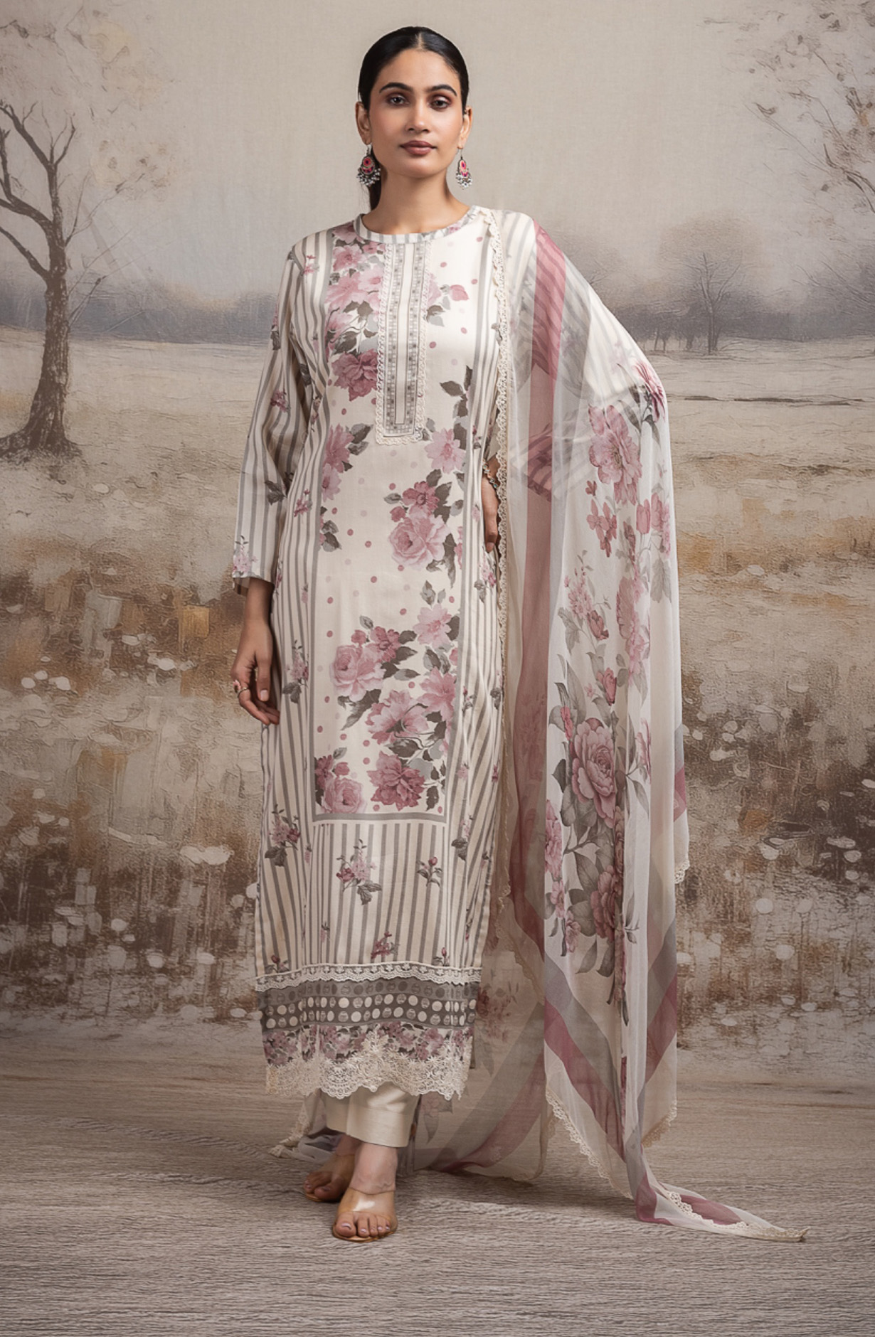 Beige cotton Unstitched Suit Set with Dupatta - RISNT117B