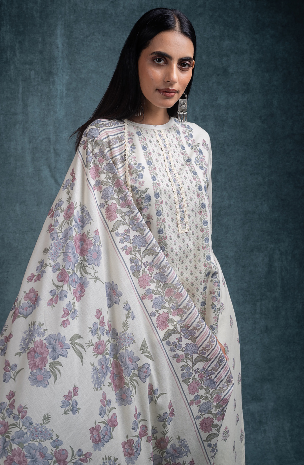 Cream Pure cotton lawn Unstitched Suit Set with Dupatta - SANNT185A