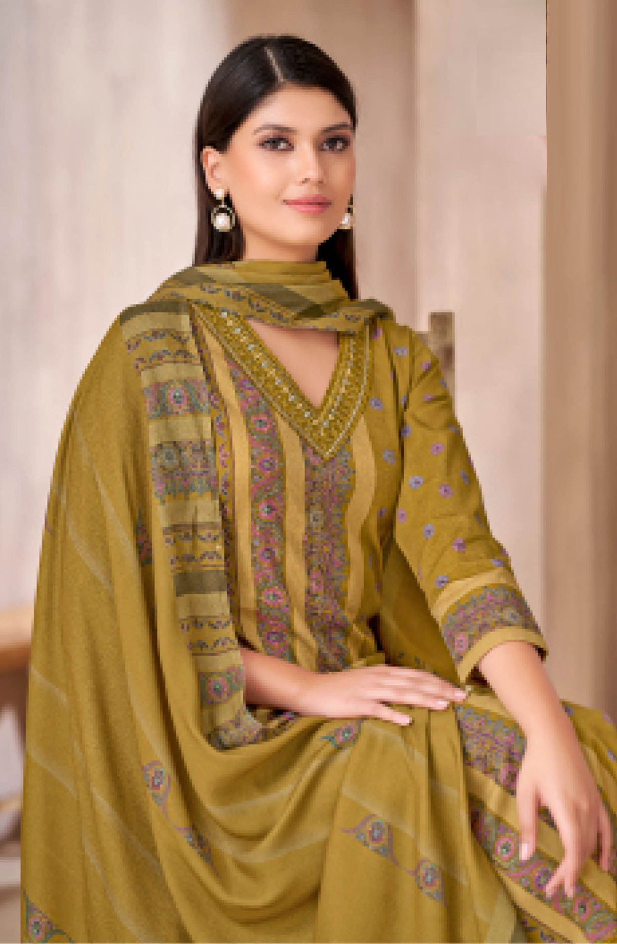 Yellow pure corduroy Suit set with Dupatta- ISH5018