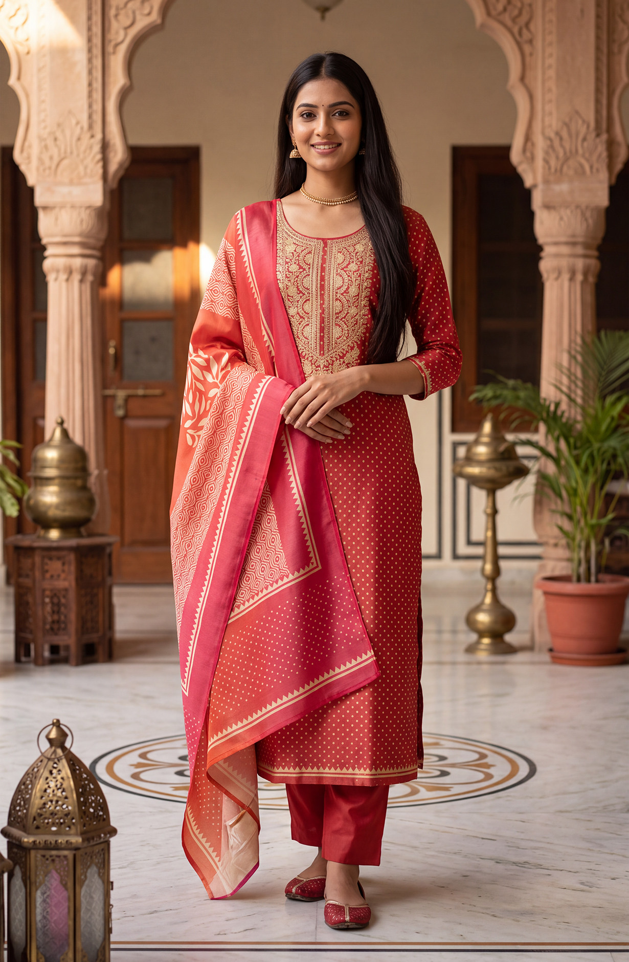 Rust Chanderi Silk Unstitched Suit-Set with Beautiful Dupatta - 981-NK685