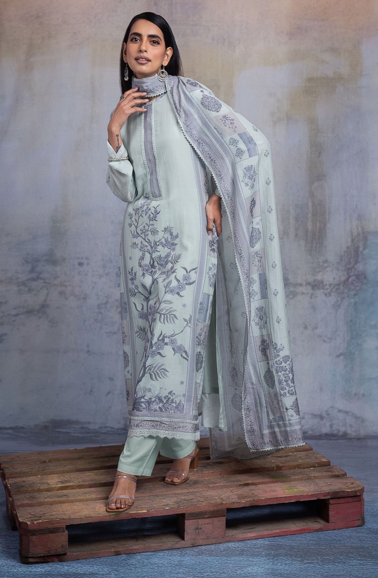 Green Pure mulchanderi Unstitched Suit Set with Dupatta - SHAKNT119A