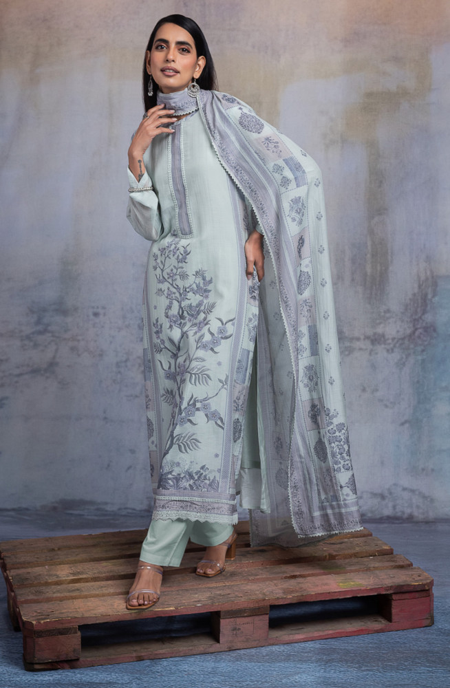 Image of Green Pure mulchanderi Unstitched Suit Set with Dupatta - SHAKNT119A