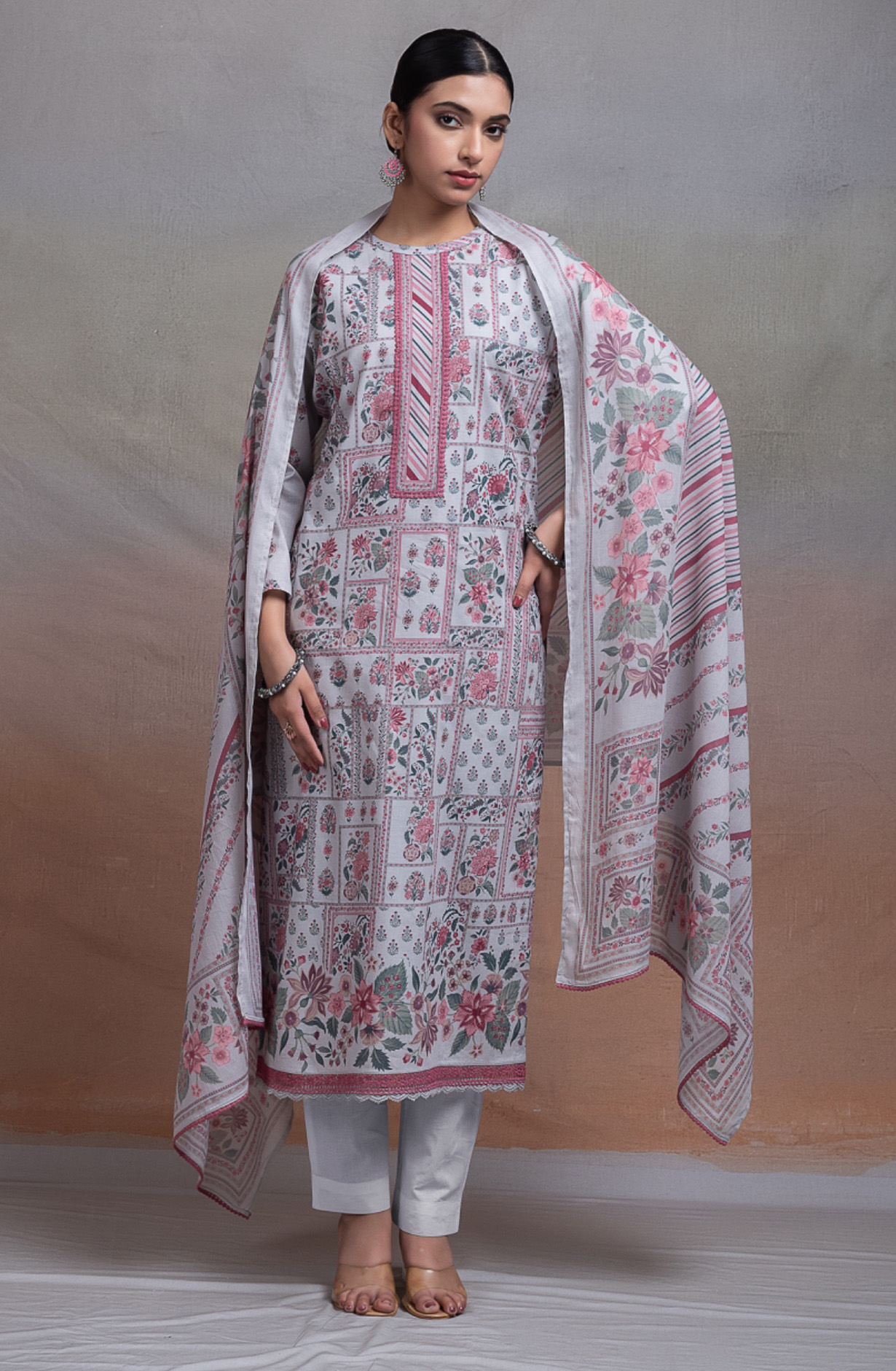 Grey Pure cotton lawn Unstitched Suit Set with Dupatta - TEENT167C