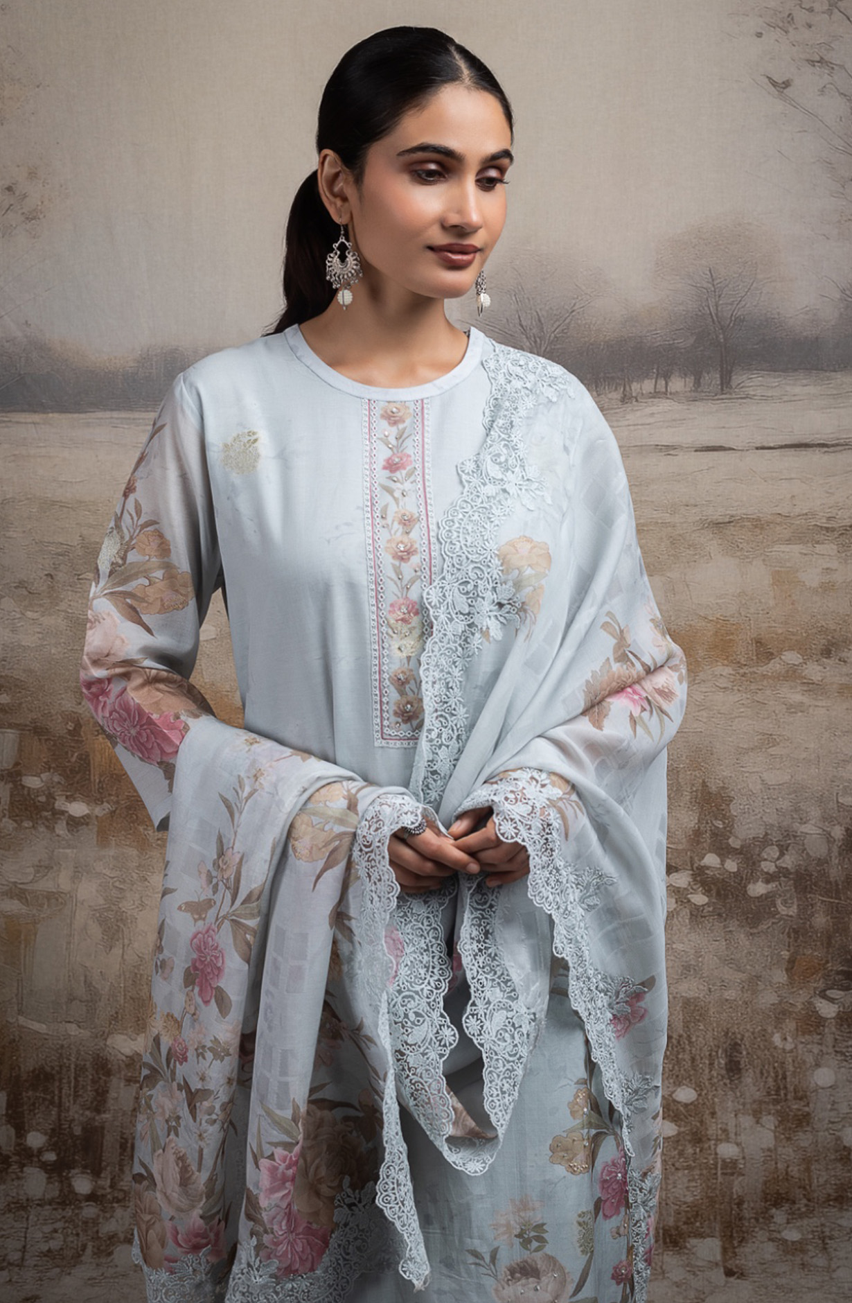 Grey Pure mul chanderi beautiful Suit Set with Dupatta - ROSNT144B