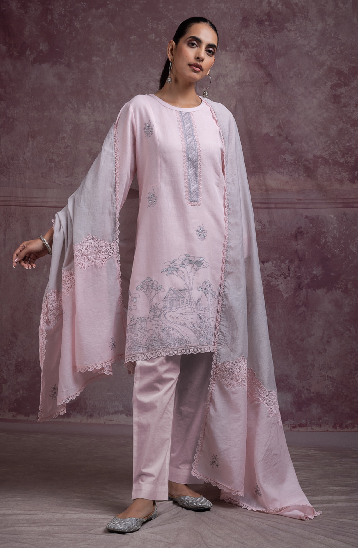 Pink pure cotton linen  embroidered beautiful Suit Set with Dupatta - ALANT168C