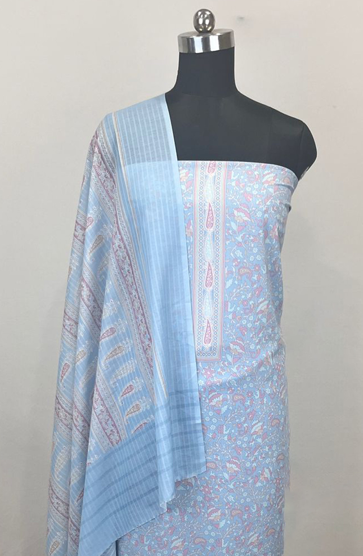 Blue Printed Cotton Unstitched Suit Set with Dupatta - ZAI1907J