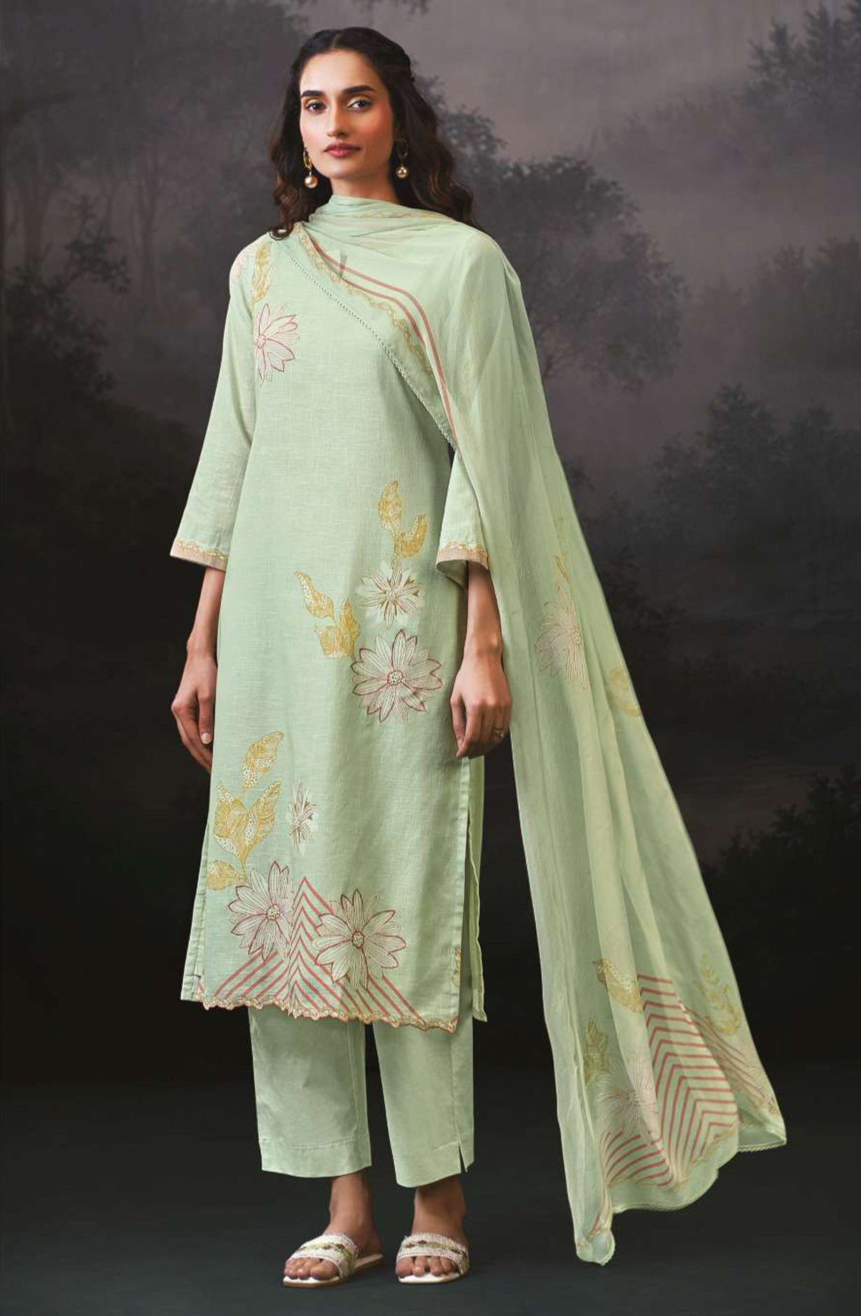 Pista premium cotton linen Unstitched Suit Set with Dupatta - ALVS4507B
