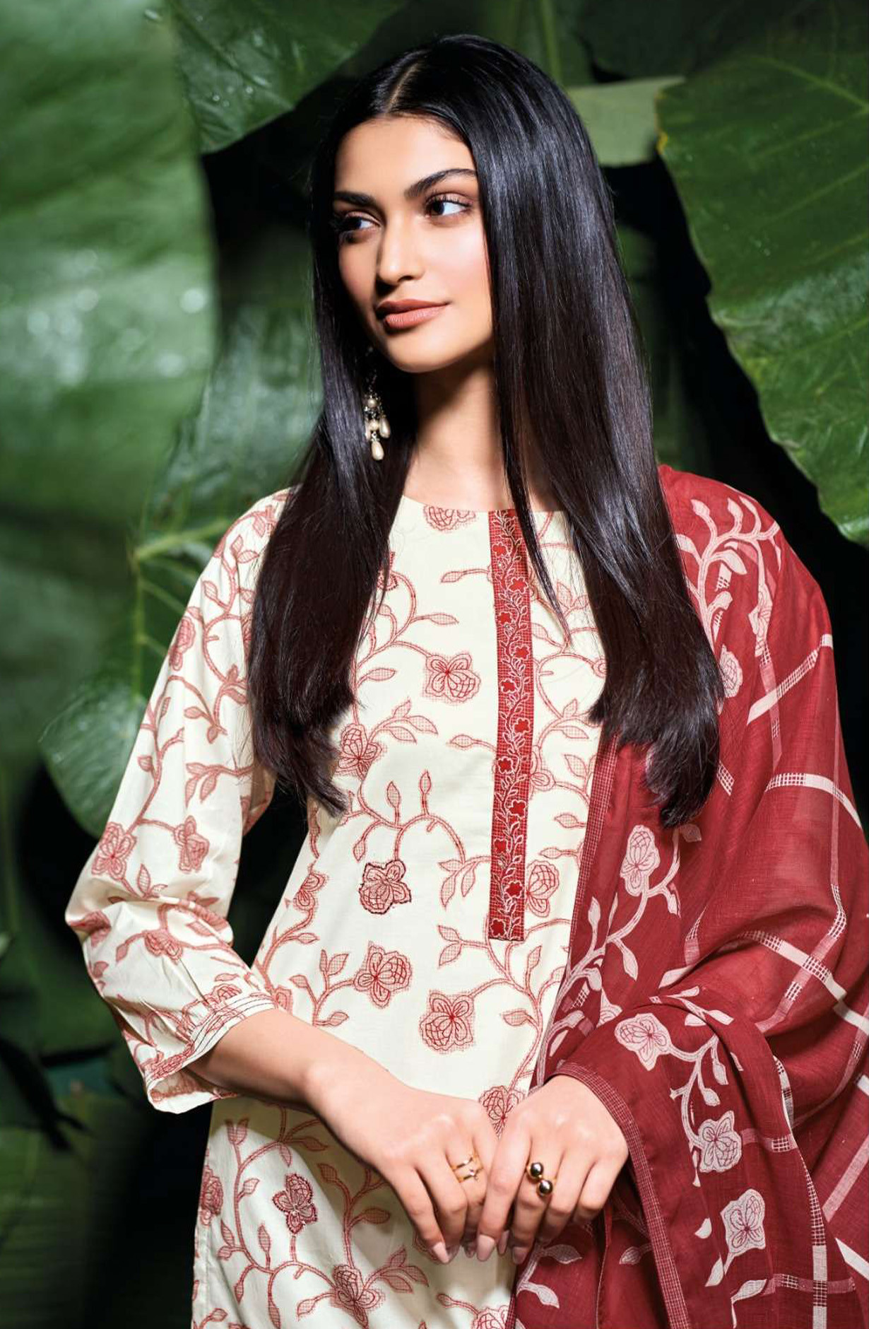 Red premium cotton Unstitched Suit Set with Dupatta - IRIAS4530D