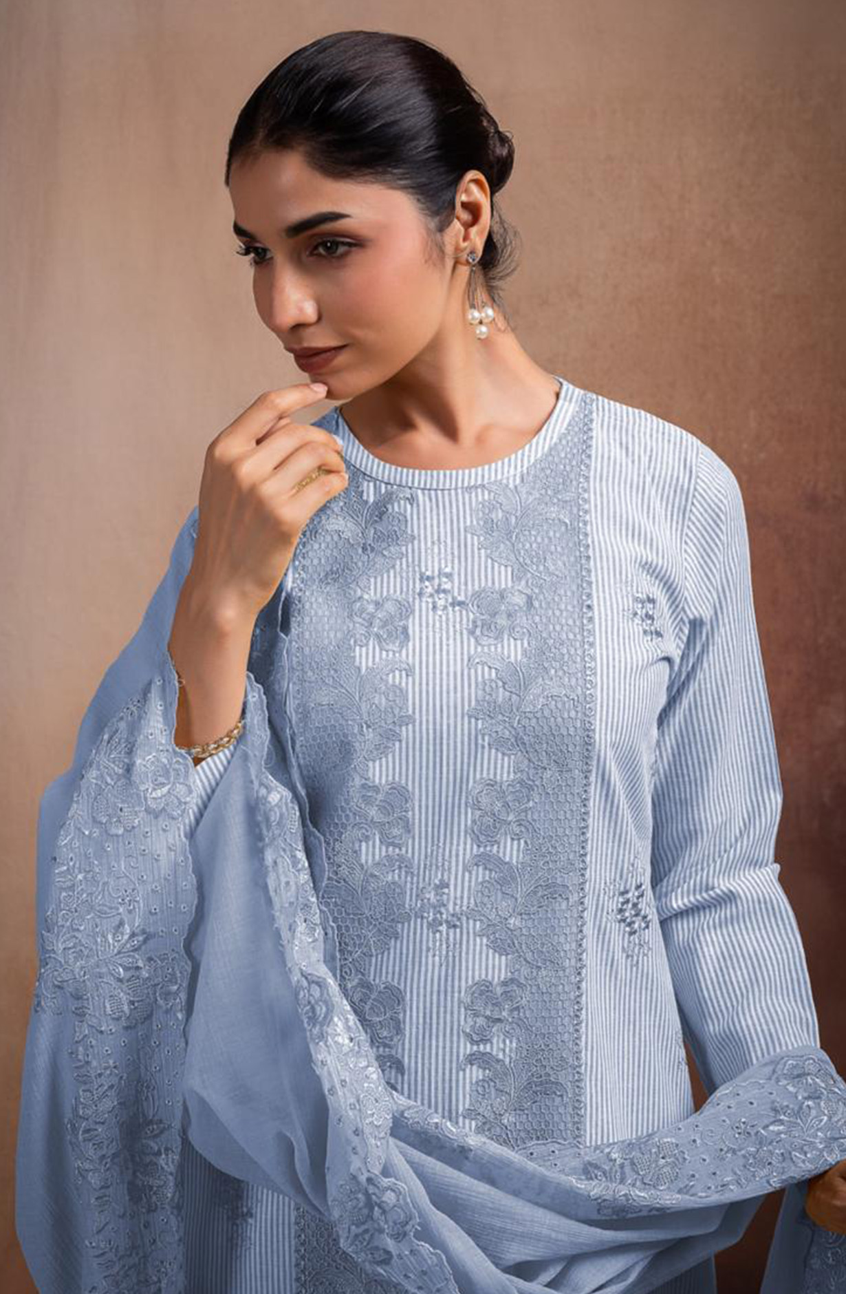 Blue Pure Cotton Handloom Embroidered Suit Set with Dupatta - ANTNSF137C