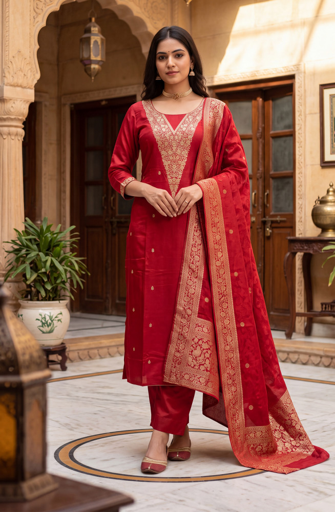 Image of Red Silk Unstitched Suit-Set with Beautiful Dupatta - 981-NK672A