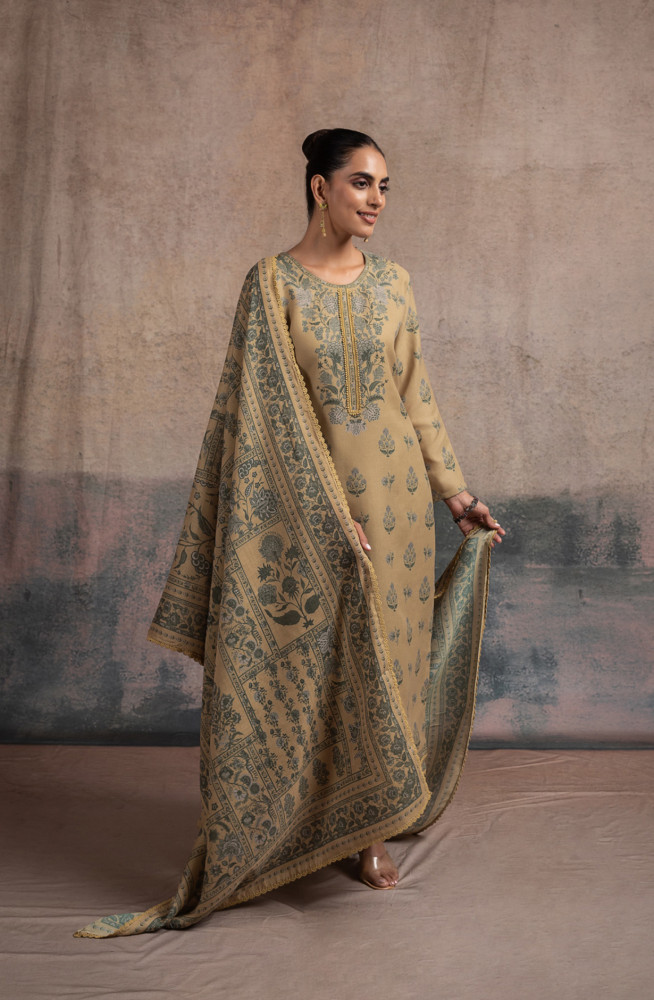 Image of Mustard Pashmina Digital Printed Suit Set with Dupatta - SUF2136C