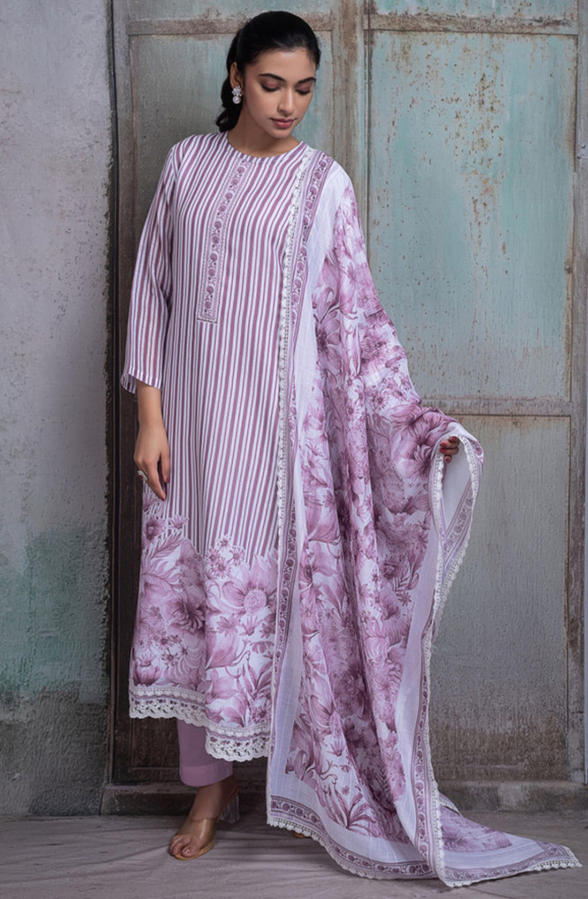 Image of Mauve Linen Digital Printed Unstitched Suit Set with Dupatta - AMRNSP105A