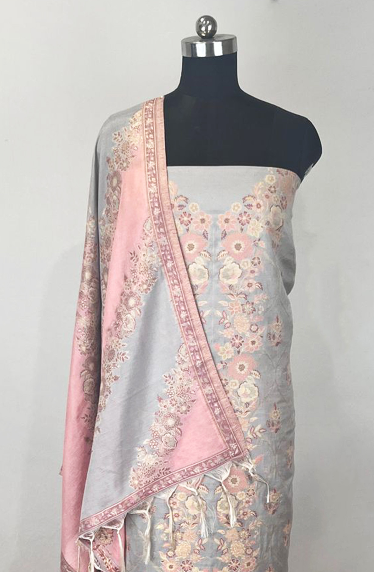 Grey Cotton Silk Unstitched Suit Set with Dupatta - 131-SUMCOT1110