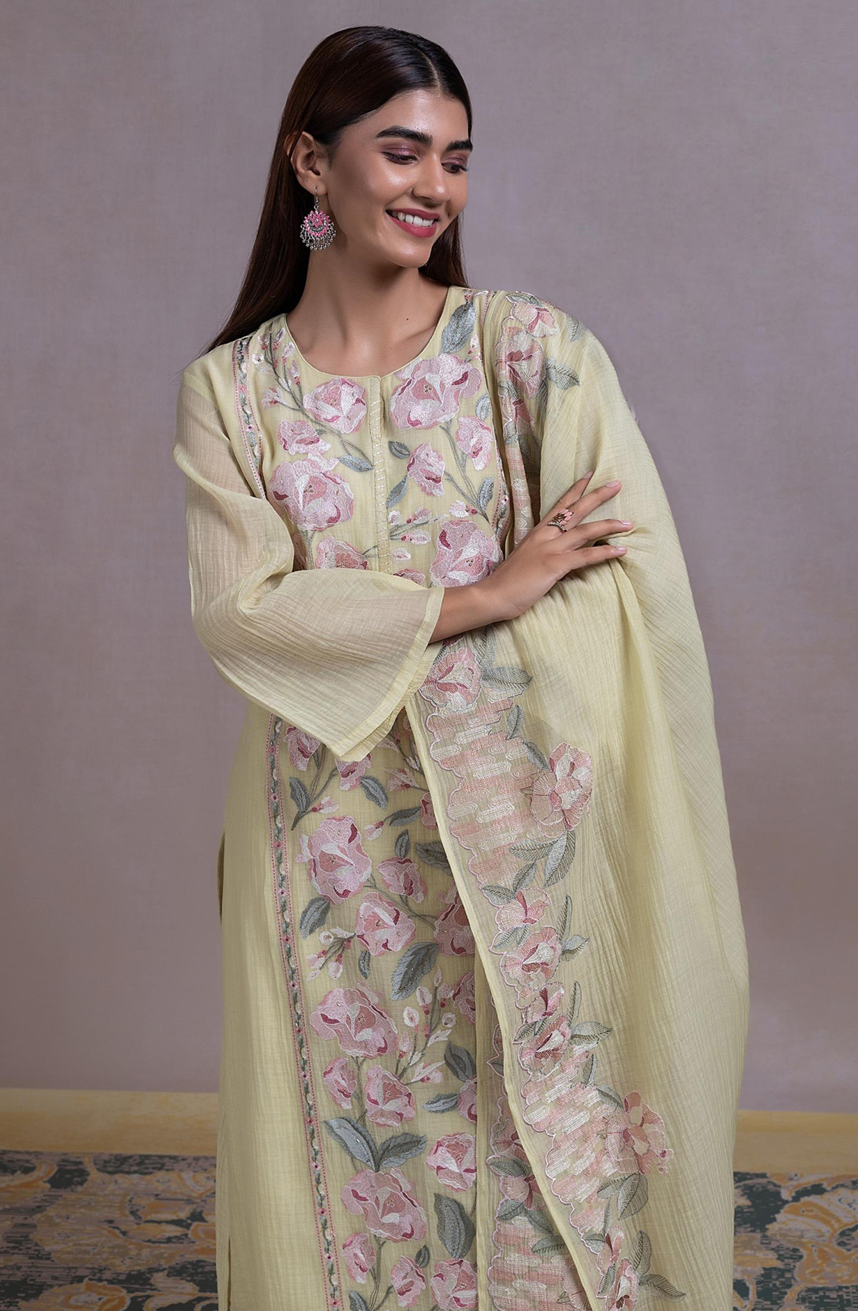 Lemon Mul chanderi Embroidered Suit Set with Dupatta - R157-SPR2316B