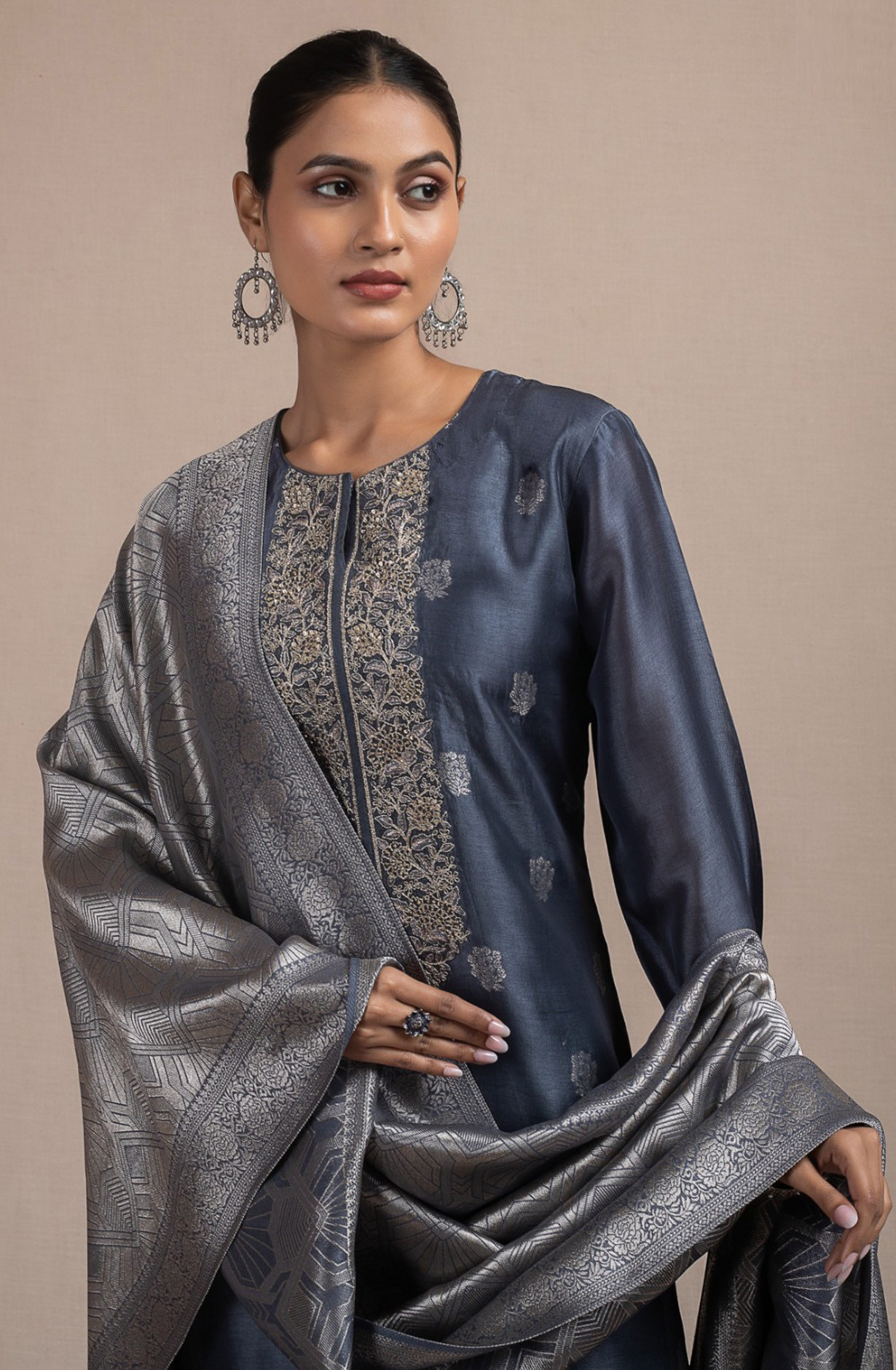 Blue Silk Jacquard Suit Set with Silk Dupatta - R157-SPR2536C