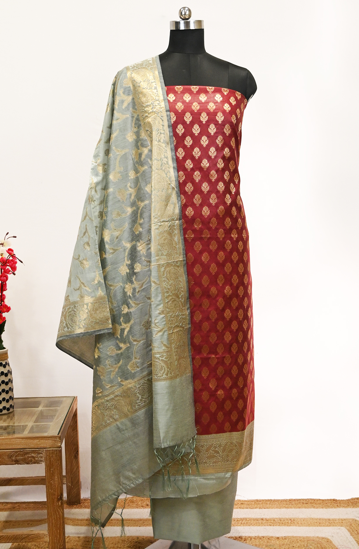 Maroon Banarasi Suit Set with Dupatta - 1021-NMRC-2A