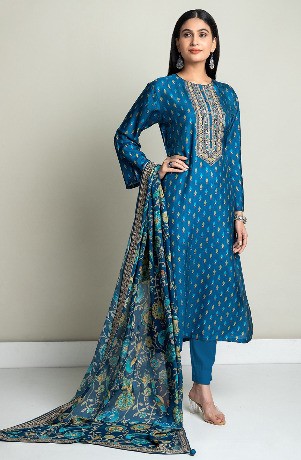 Designer Russian Silk Teal Unstitched Suit with Chinon Dupatta - R157-SPR1624