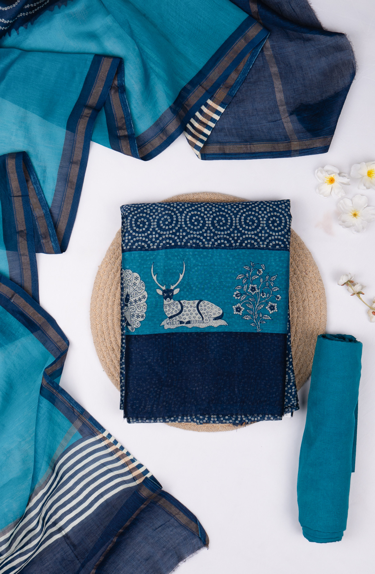 Blue Maheshwari Printed Suit Set with Dupatta - 811-S151-445-105-4D