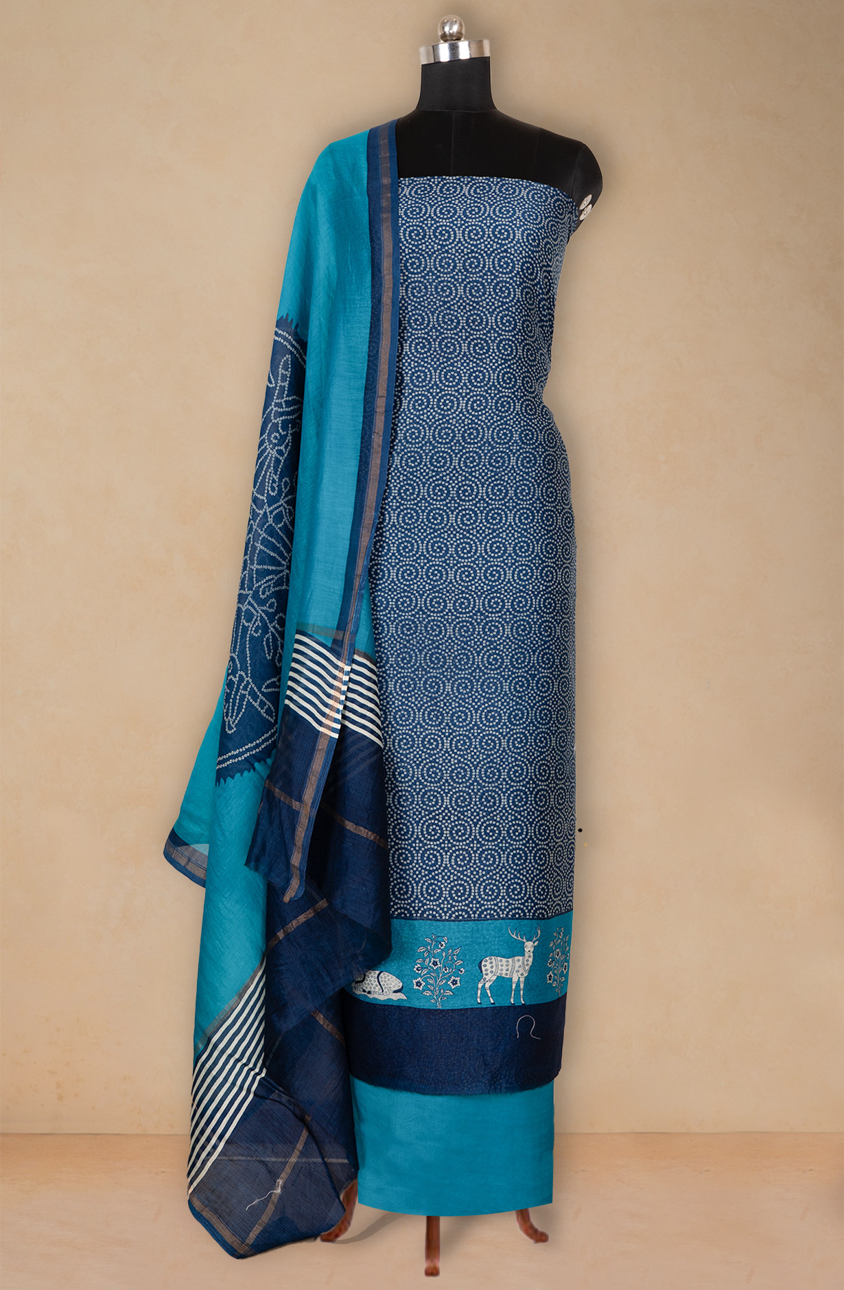 Blue Maheshwari Printed Suit Set with Dupatta - 811-S151-445-105-4D