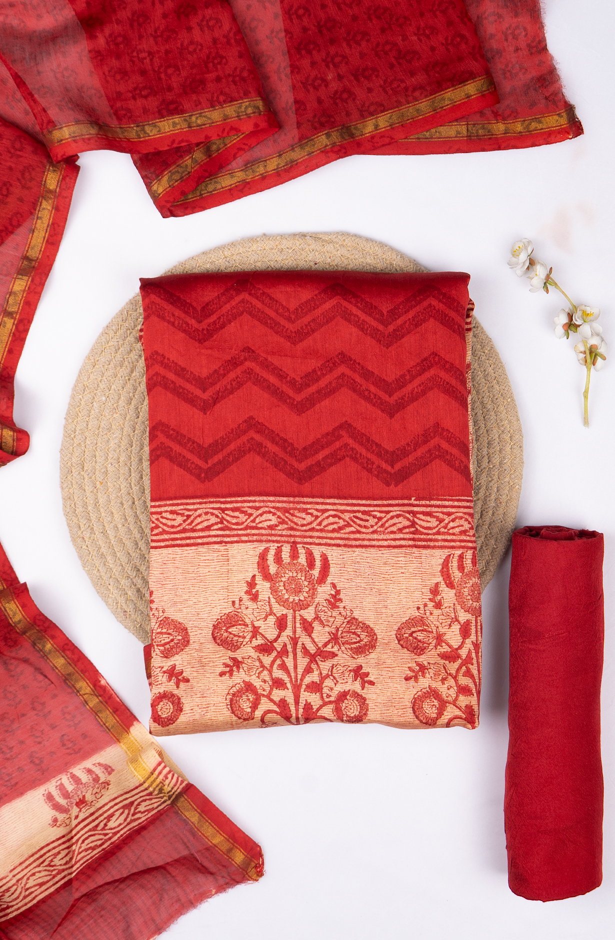 Red Maheshwari Printed Suit Set with Dupatta - 811-S151-445-104-1E