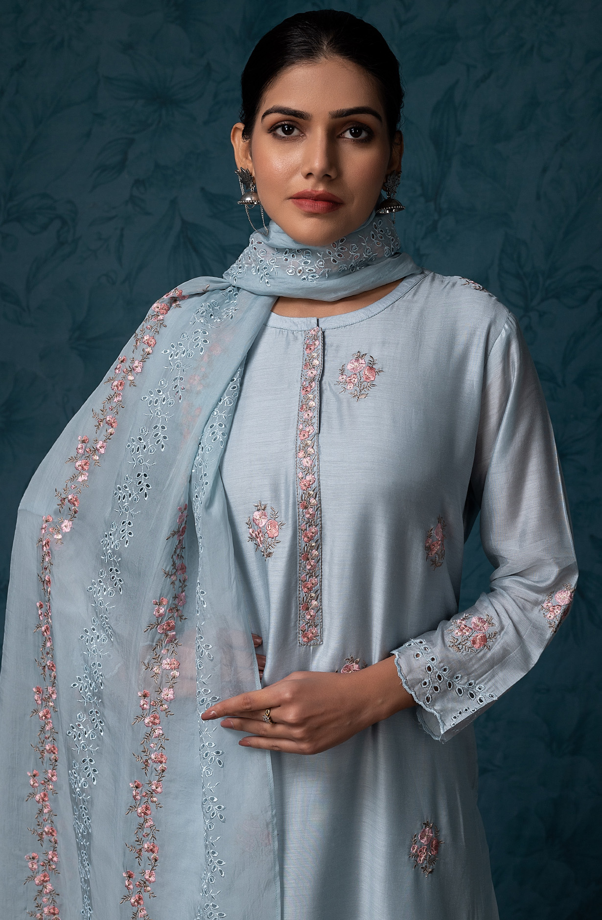 Pastel Blue Beautiful Muslin Embroidered Salwar Kameez with Organza Dupatta - GAR1870B
