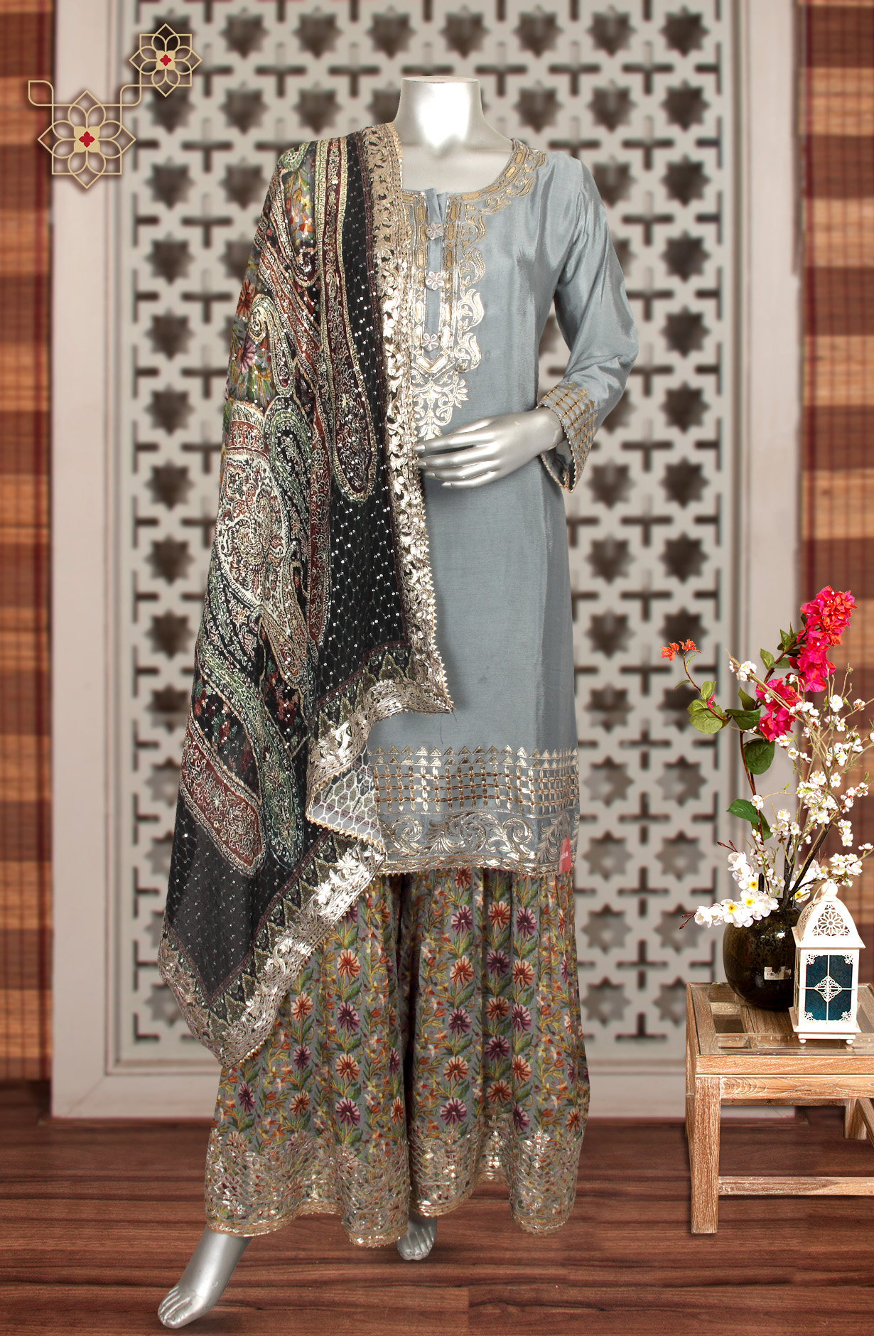 Grey Designer Partywear Chinon Ready-to-Wear Sharara Suit - 822-8331A