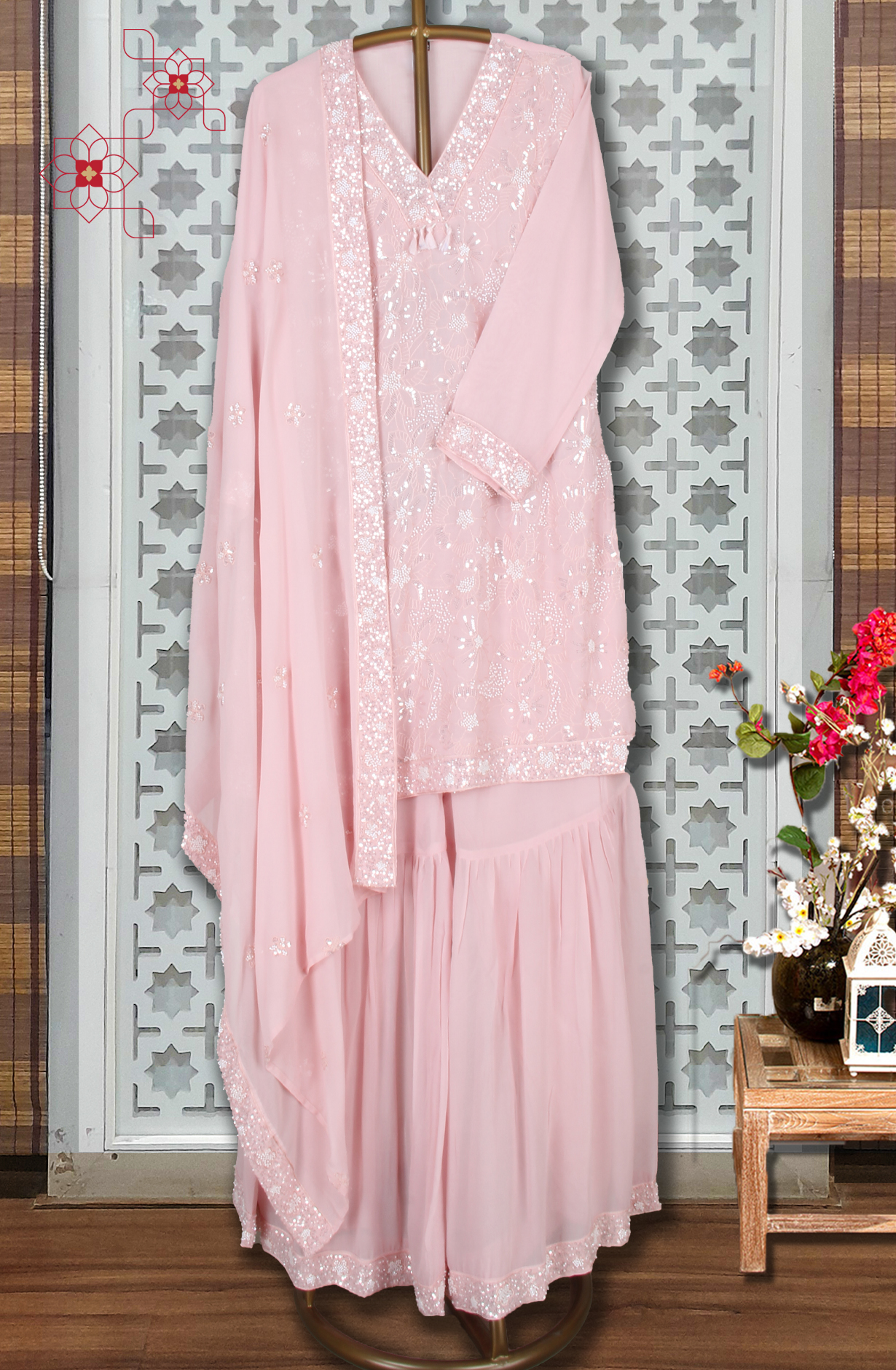 Designer Peach Ready-to-Wear Georgette Salwar Kameez Dupatta - 822-MR1889