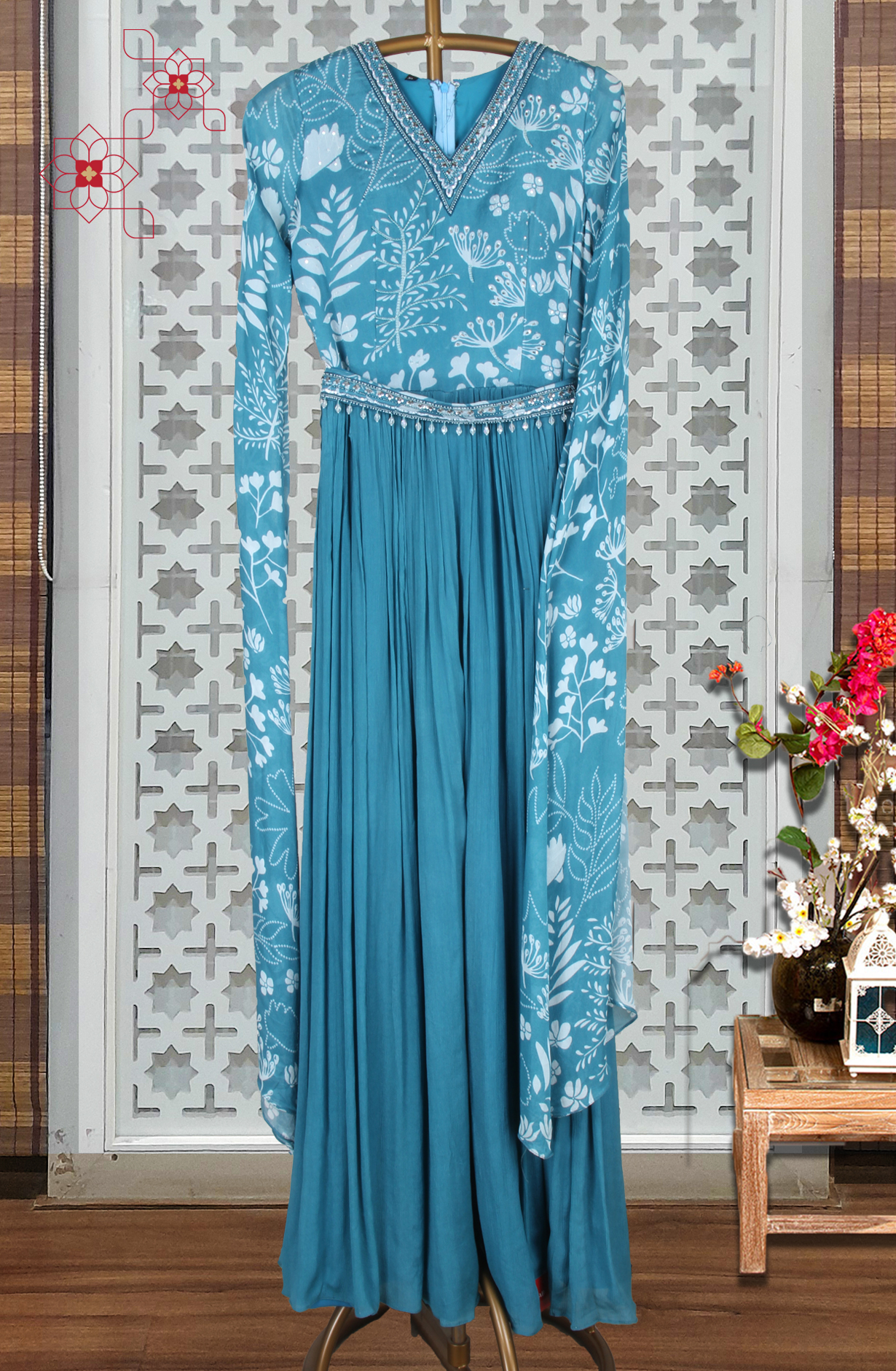 Firozi Chinon Cutdana and Sequins Work Floor Length Gown - 822-MT1034